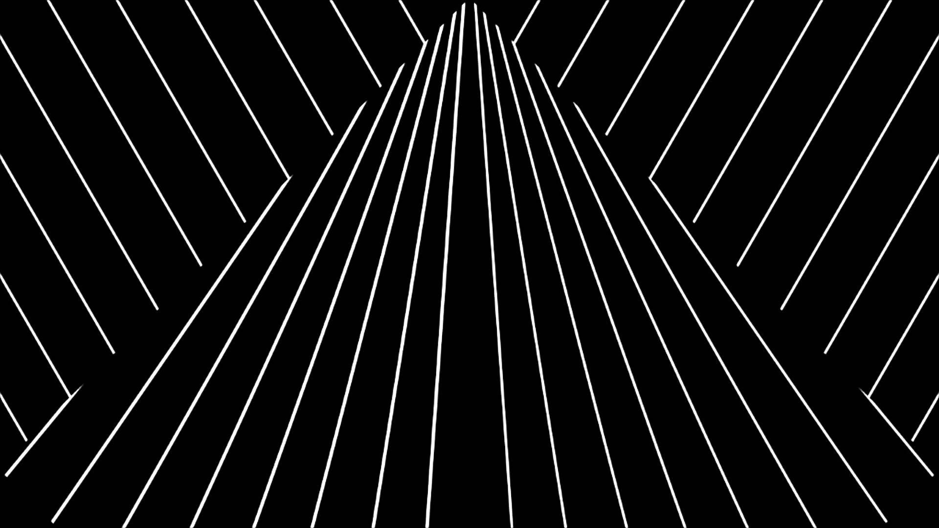 Hypnosis 桌布 壁紙 — 大膽的白色對角線從中心點向外輻射，在純黑背景上形成動態幾何圖案。
