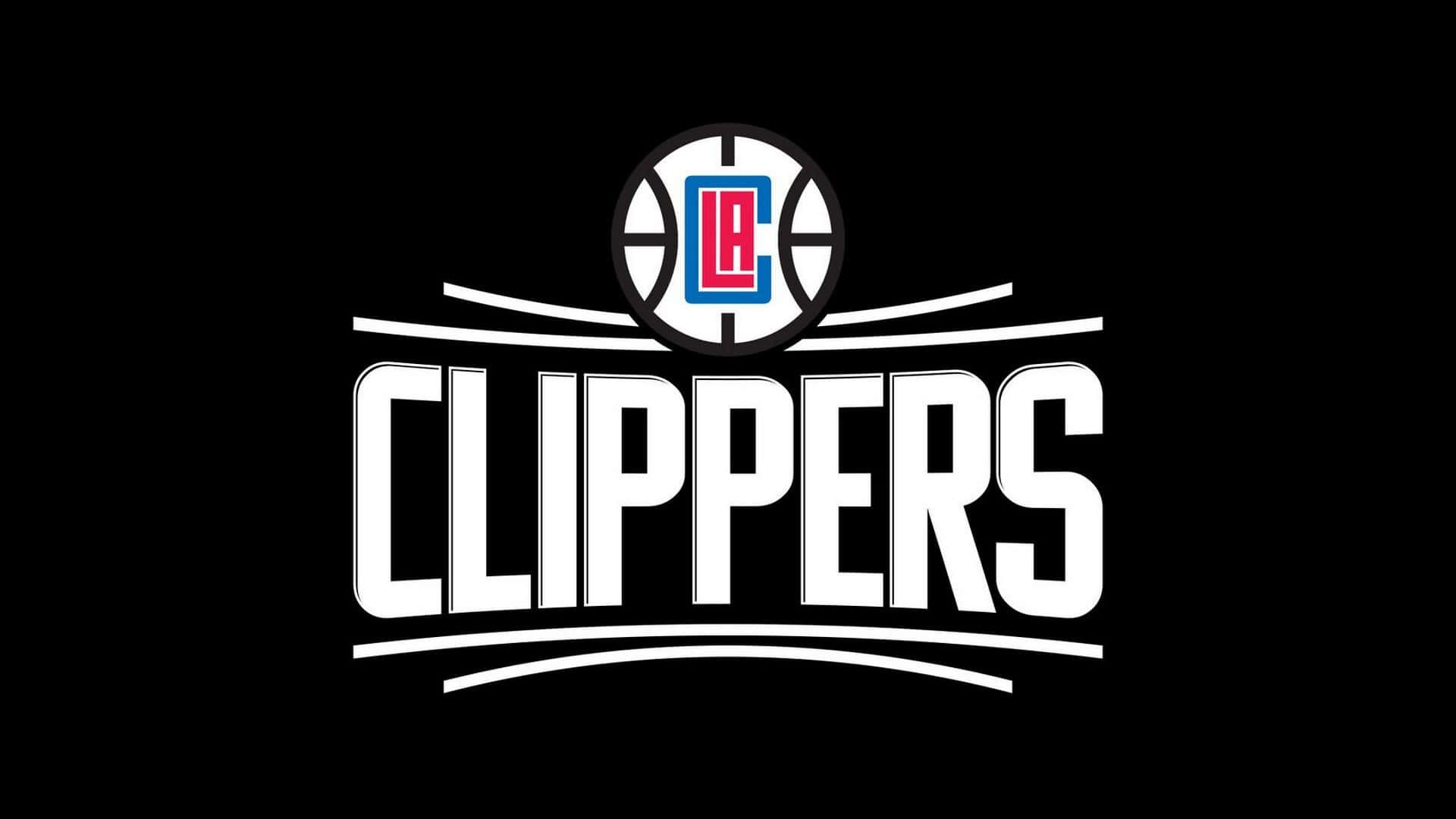 NBA 桌布 壁紙 — 大膽的白色洛杉磯快艇隊標誌，帶有紅藍色調，居中於黑色背景上。