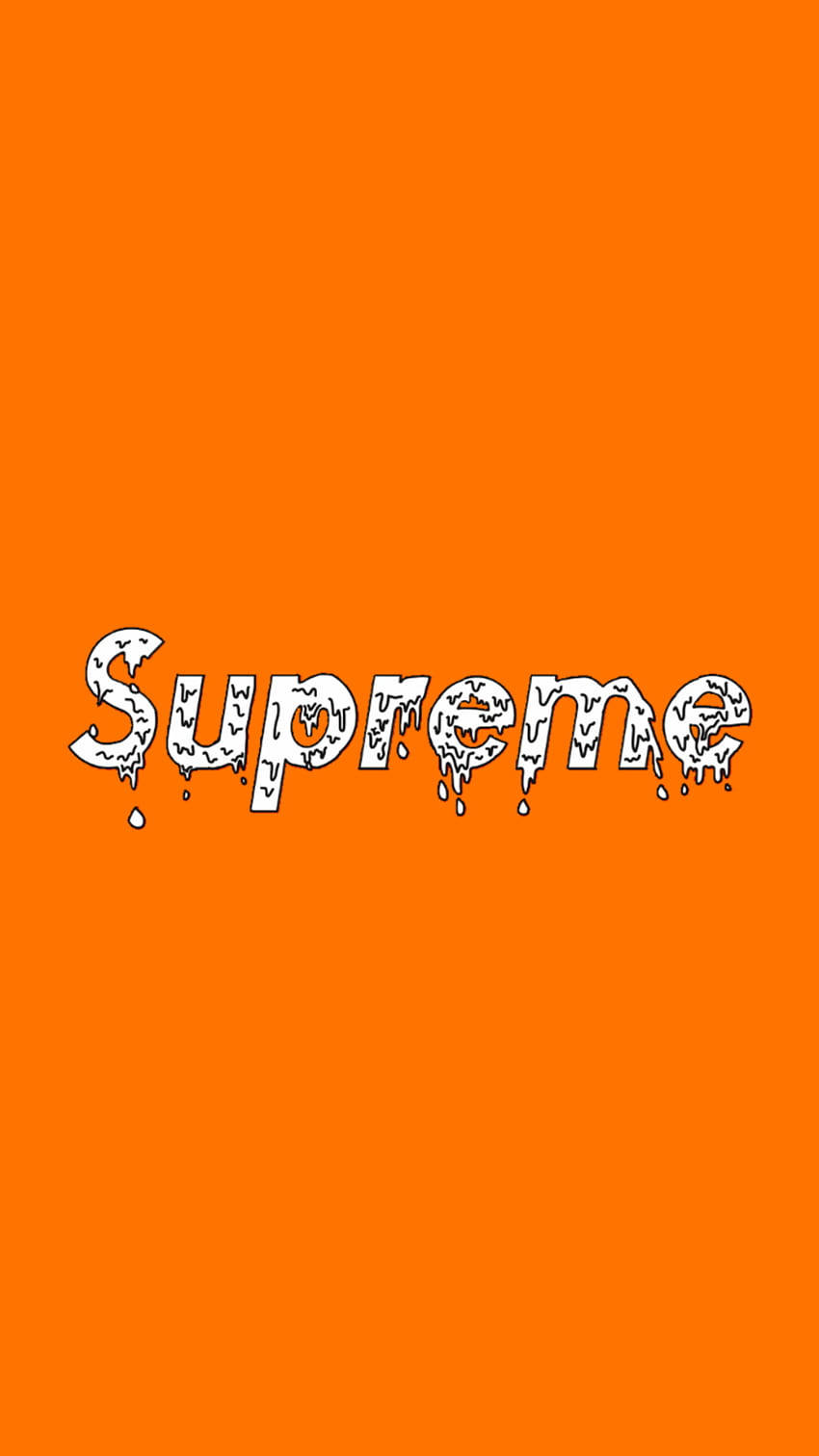 orange supreme 桌布 壁紙 — 大膽的白色滴落「Supreme」標誌居中於純色鮮豔橙色背景上。