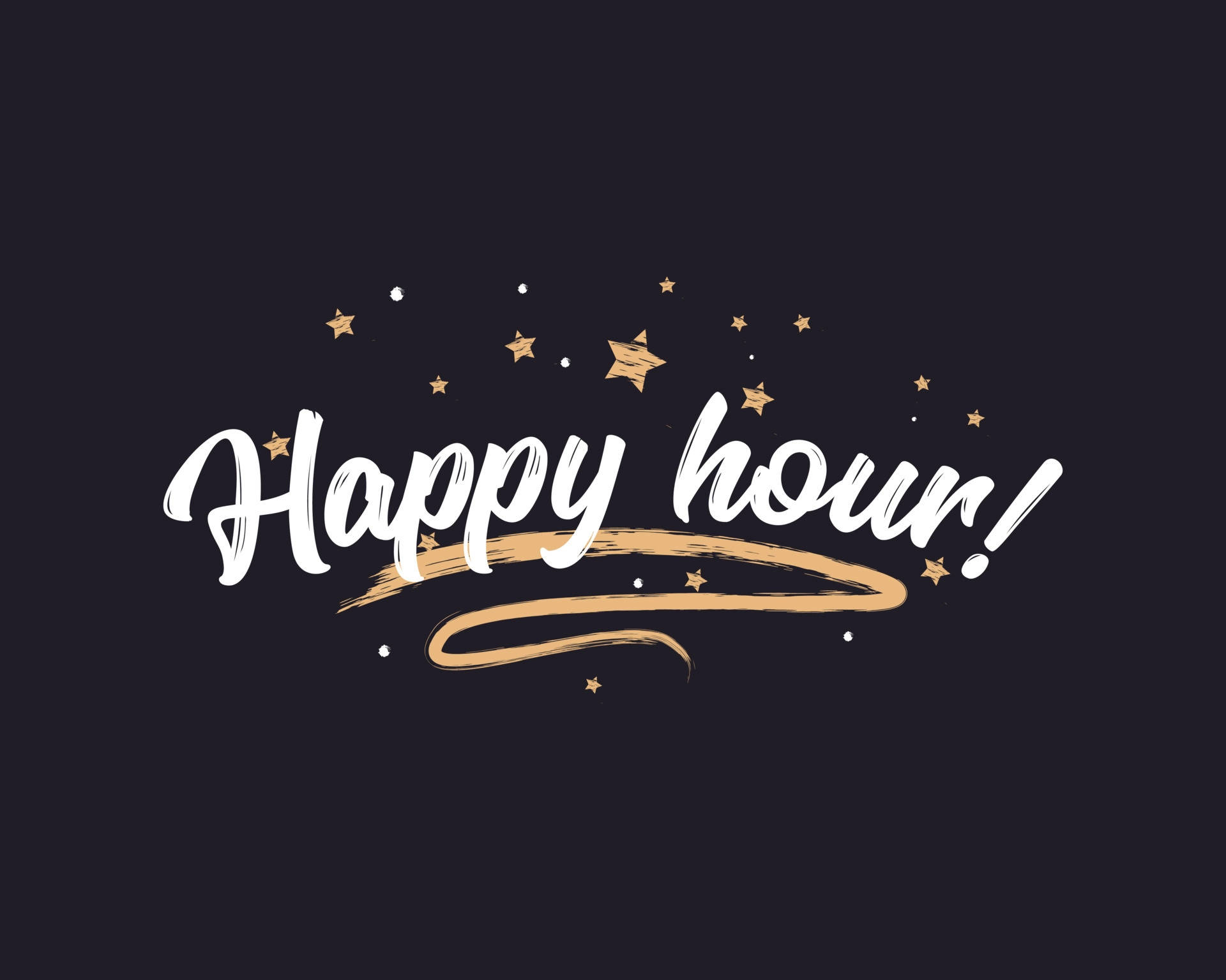 Hour 桌布 壁紙 — 大膽的白色筆觸文字在深色背景上寫著「歡樂時光」，周圍環繞著金色星星。