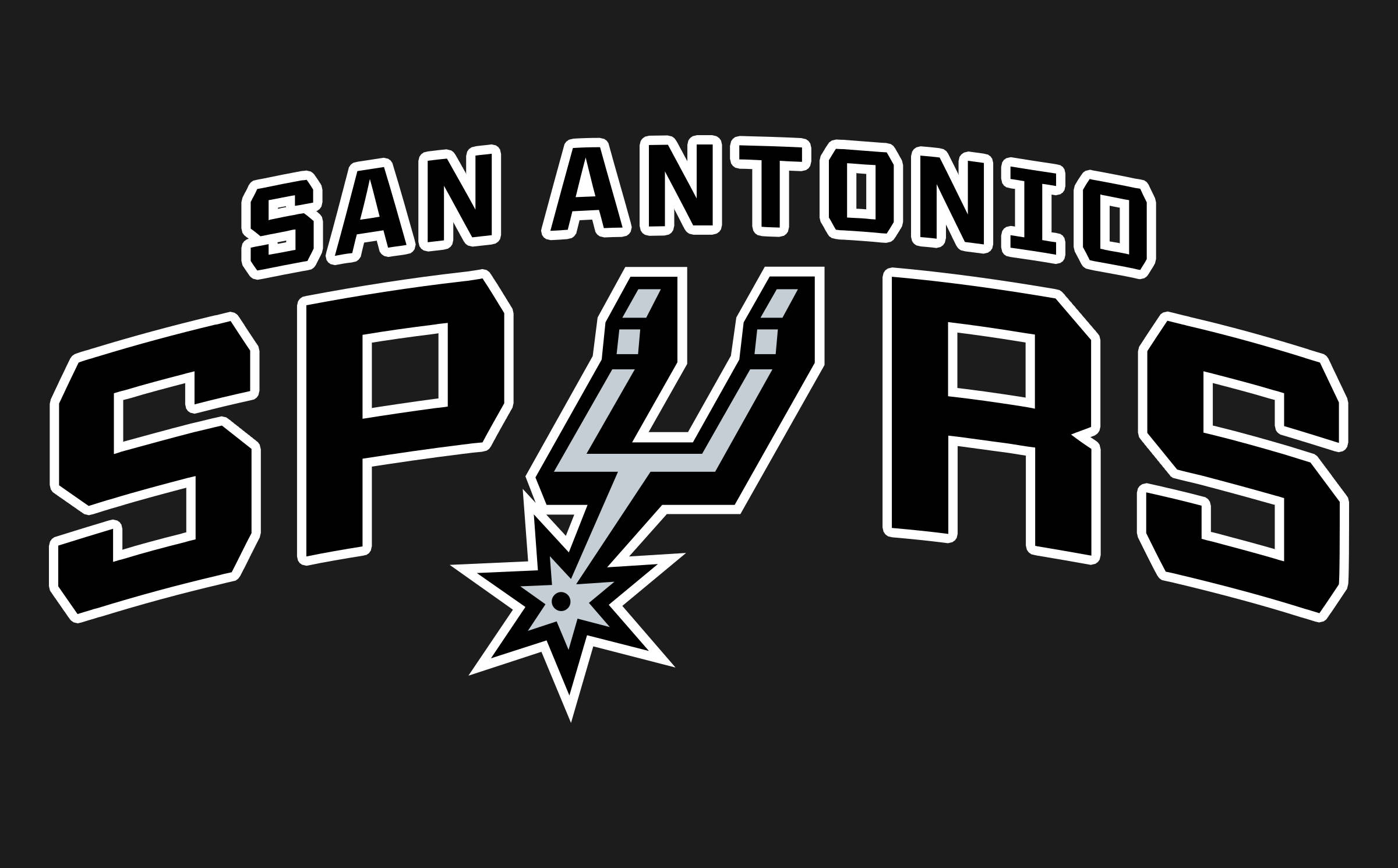 Spurs 桌布 壁紙 — 大膽的白色聖安東尼奧馬刺隊標誌，帶有星星和馬刺徽章，背景為黑色。