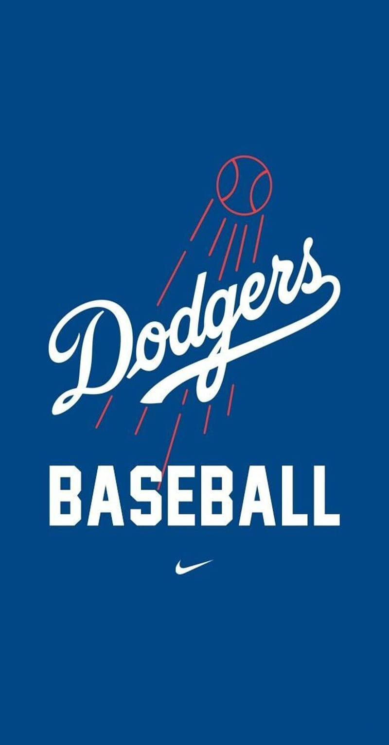 藍色 桌布 壁紙 — 大膽的白色草書道奇隊標誌，帶有棒球圖案和 'BASEBALL' 文字，背景為純藍色。