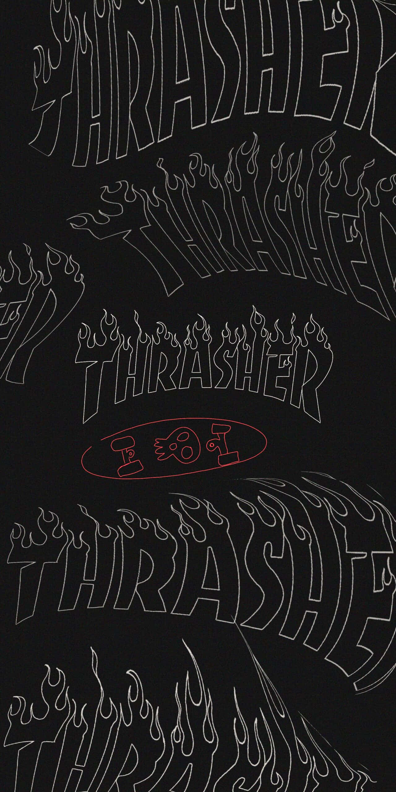 Thrasher 桌布 壁紙 — 大膽的白色輪廓Thrasher標誌搭配火焰設計在黑色背景上垂直重複，並有一個紅色橢圓形標誌。