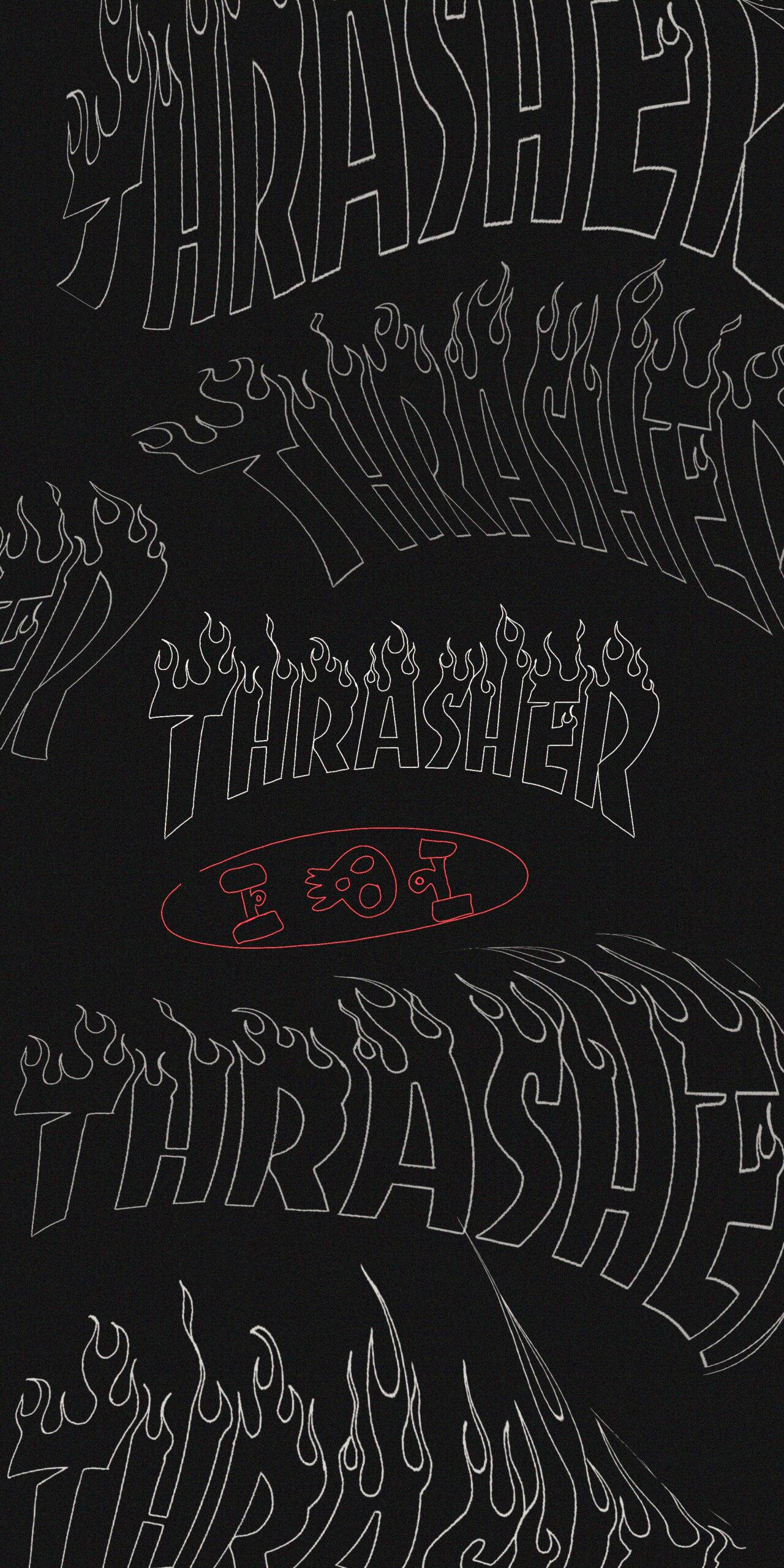 Thrasher 桌布 壁紙 — 大膽的白色輪廓Thrasher標誌搭配火焰設計在黑色背景上垂直重複，並有一個紅色橢圓形標誌。