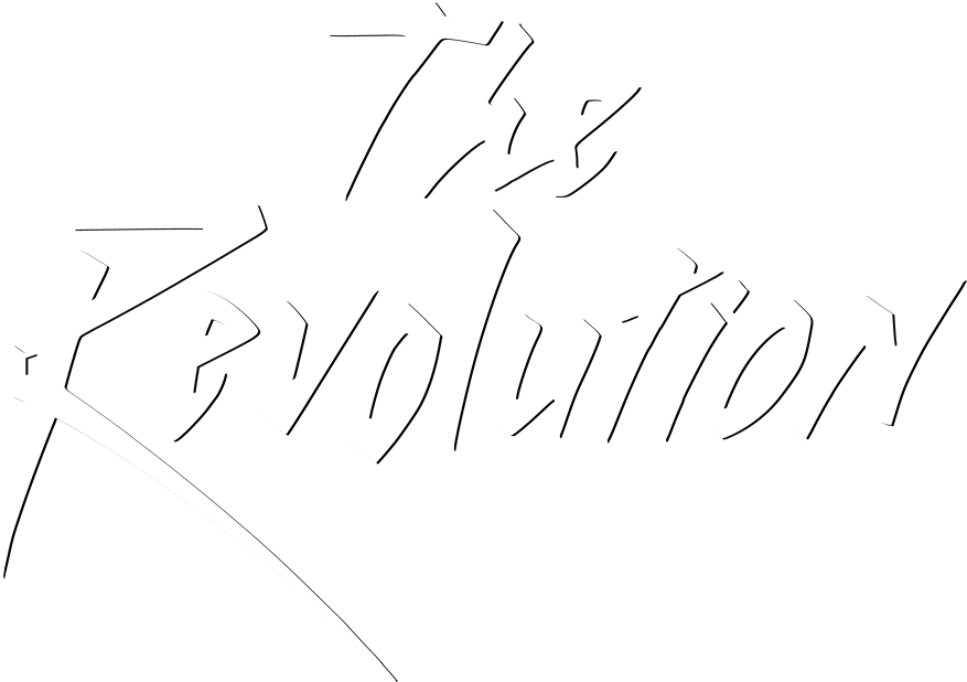 revolution 桌布 壁紙 — 大膽的白色風格化文字，在鮮明的黑色背景上寫著「The Revolution」，並帶有動態的筆觸點綴。