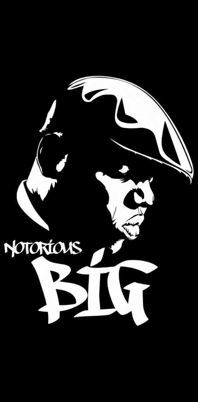 Rappers 桌布 壁紙 — 大膽的白色風格肖像，Notorious Big 戴著軟呢帽，背景為純黑色，他的名字以塗鴉字體呈現。