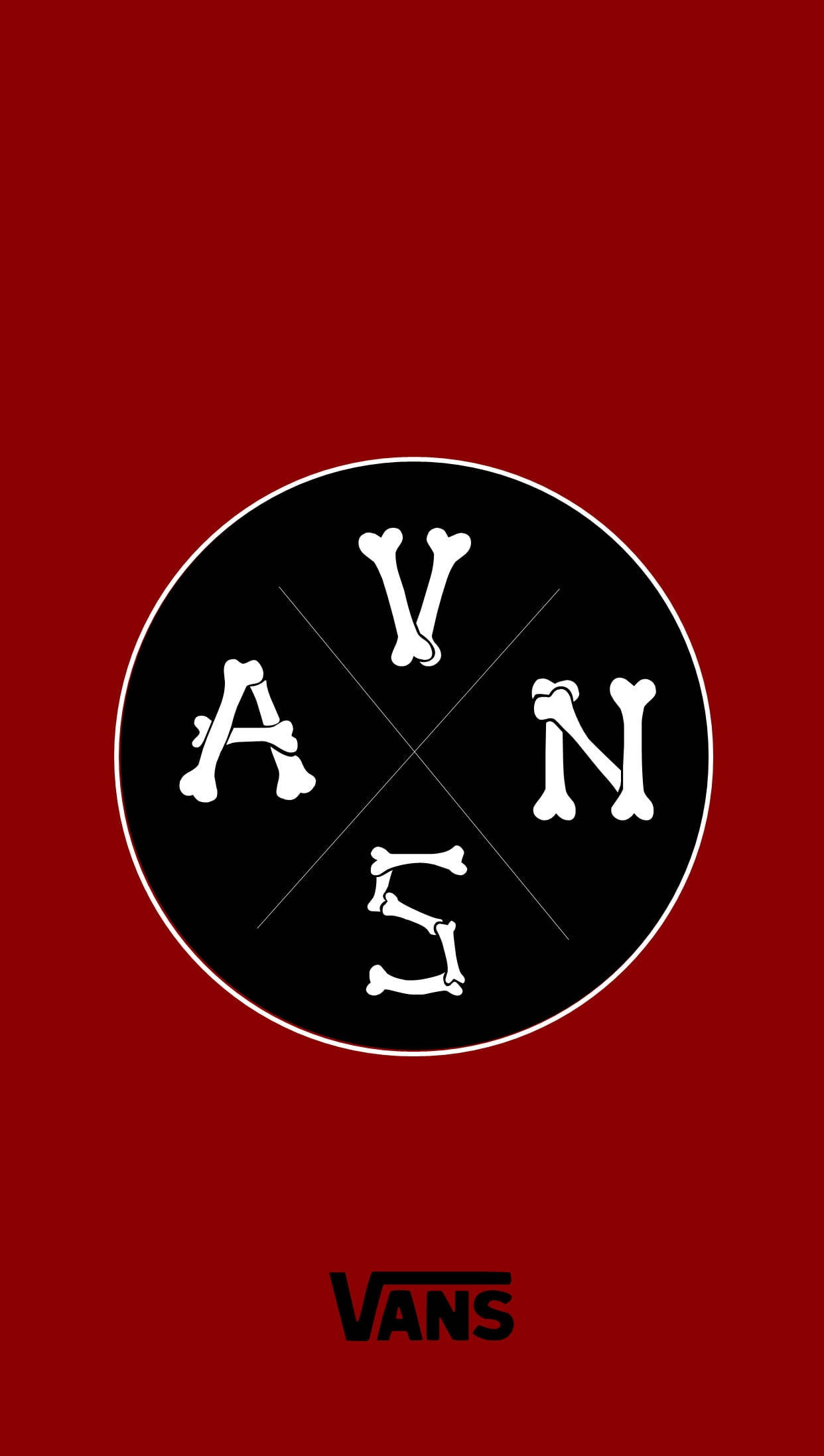 Vans Logo 桌布 壁紙 — 大膽的白色骨頭風格VANS標誌居中在深紅色背景上，下方有經典VANS文字。