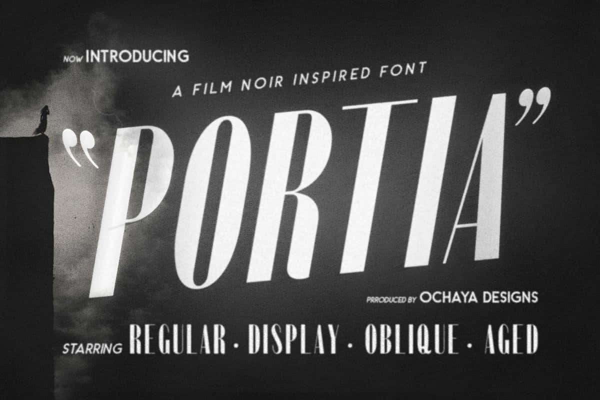 Film Noir 桌布 壁紙 — 大膽的白色黑色電影字體 'PORTIA' 在煙霧瀰漫的黑色背景上，搭配復古字體和屋頂上的剪影人物，佔據主導地位。