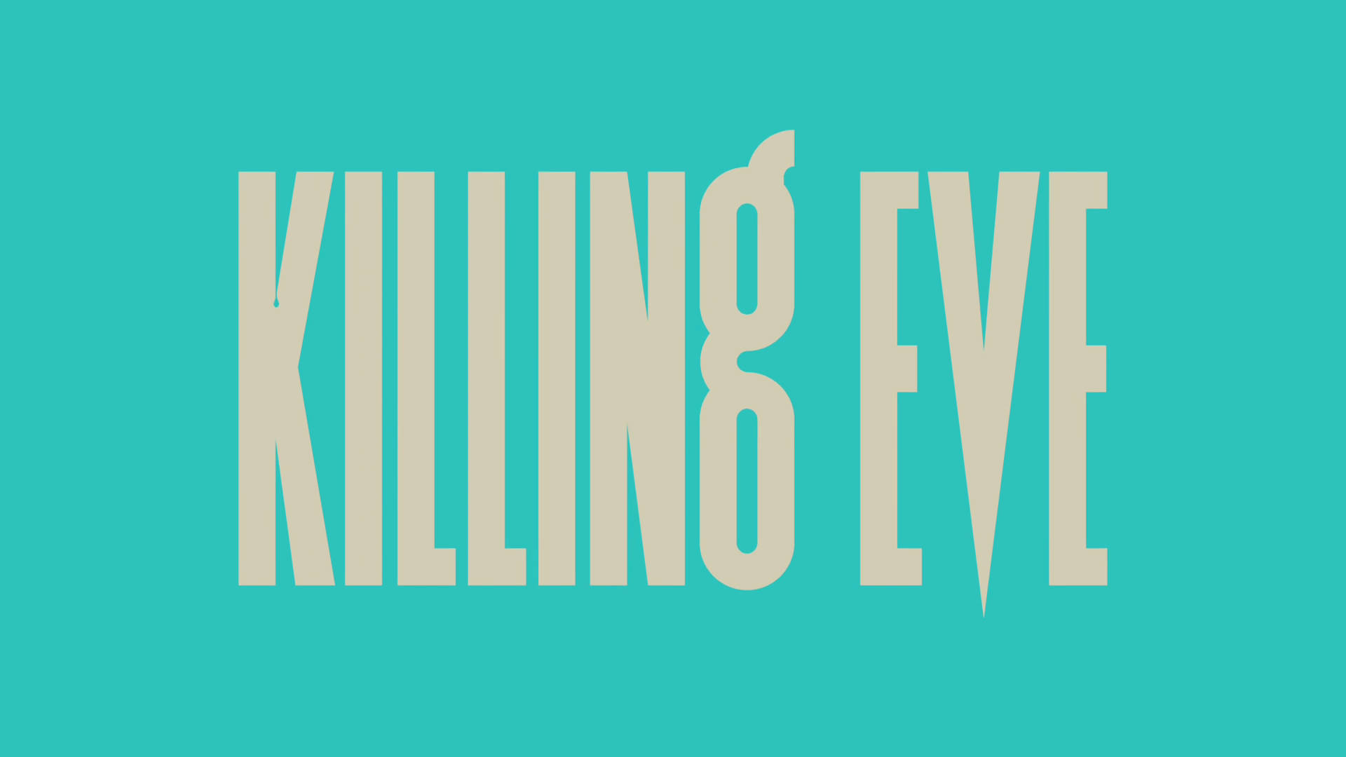 土耳其藍 桌布 壁紙 — 大膽的米色 'KILLING EVE' 文字在純色青綠色背景上以簡潔的現代字體突出顯示。