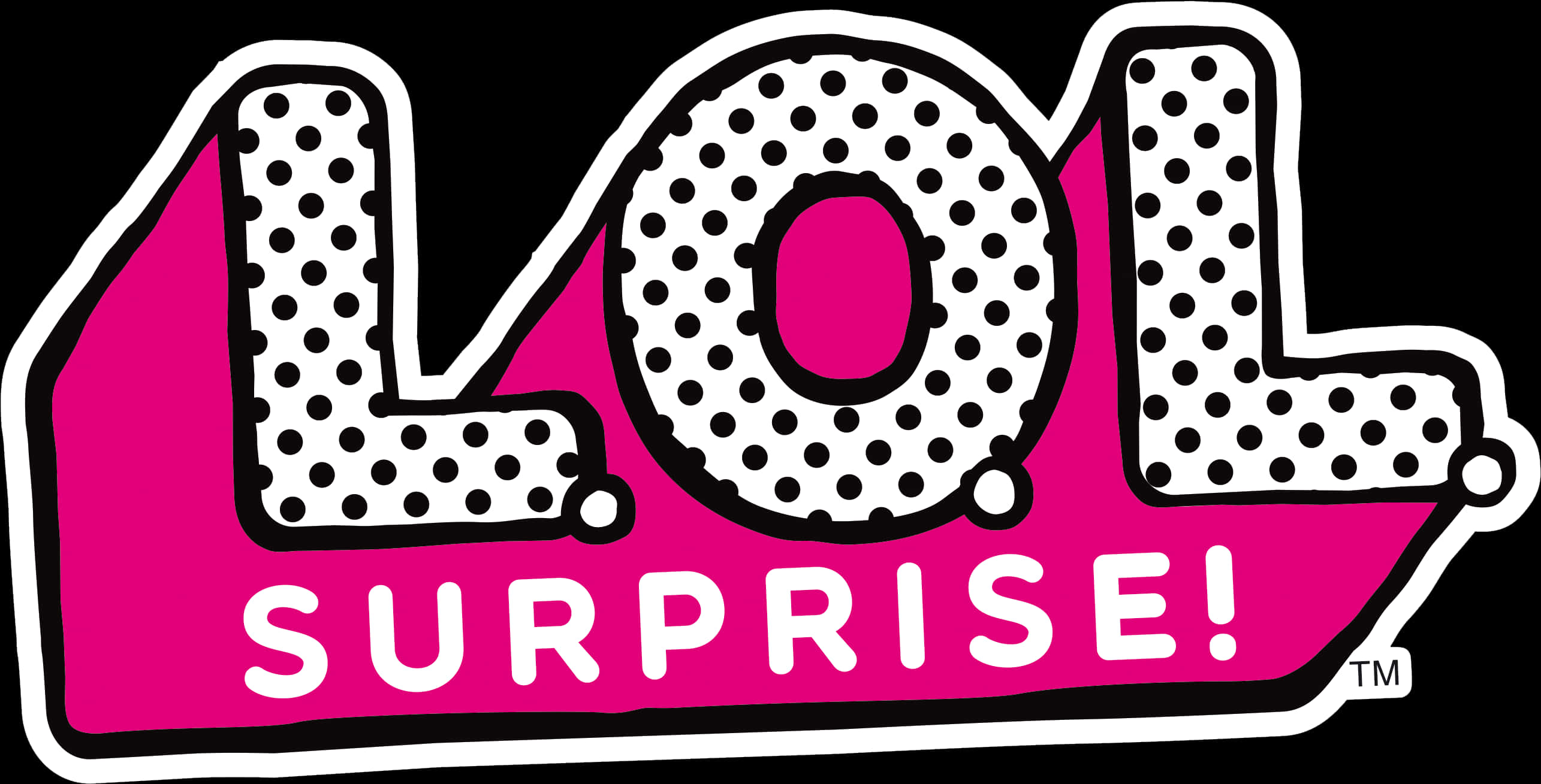 LOL Surprise 桌布 壁紙 — 大膽的粉紅和白色「LOL SURPRISE!」標誌，帶有黑色圓點，背景為黑色。