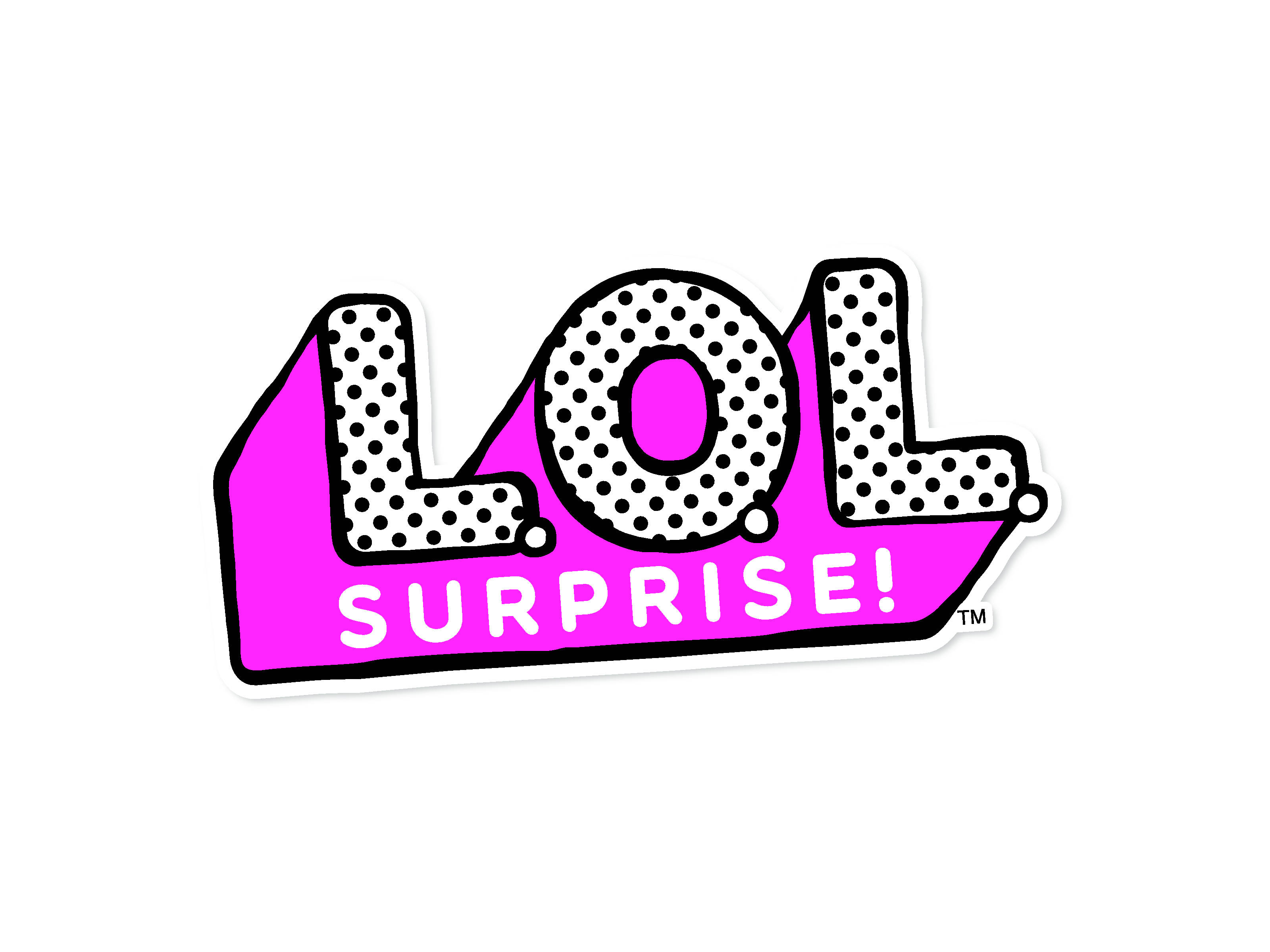 LOL Surprise 桌布 壁紙 — 大膽的粉紅和白色圓點 'LOL SURPRISE!' 標誌貼紙，帶有粗黑色輪廓，在純白色背景上。