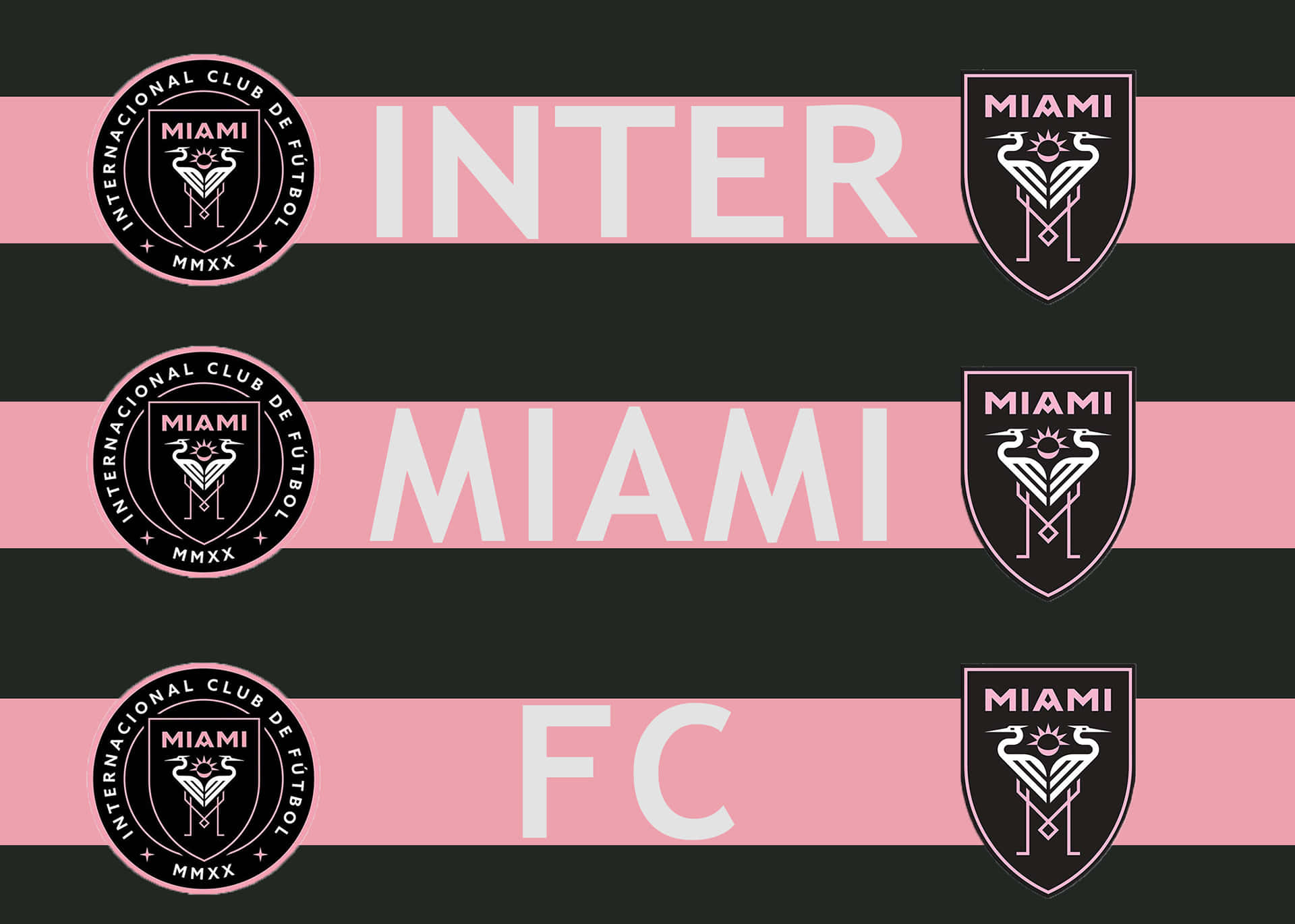足球 桌布 壁紙 — 大膽的粉紅和黑色條紋壁紙，印有 Inter Miami FC 標誌和球隊名稱，以大型白色字體呈現。