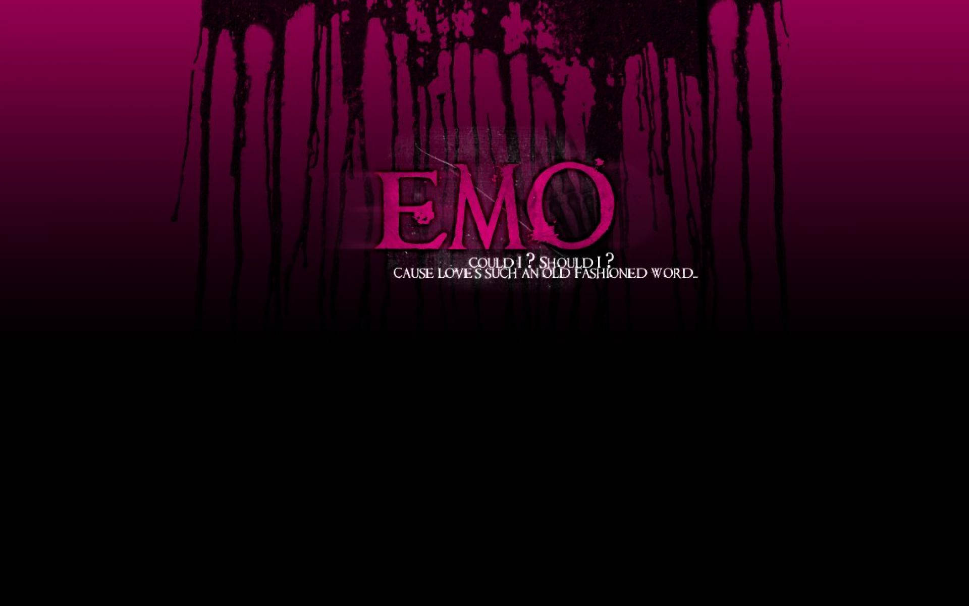 emo 桌布 壁紙 — 大膽的粉紅色「EMO」文字像血一樣滴落，背景是漸層洋紅色，帶有深色剪影。