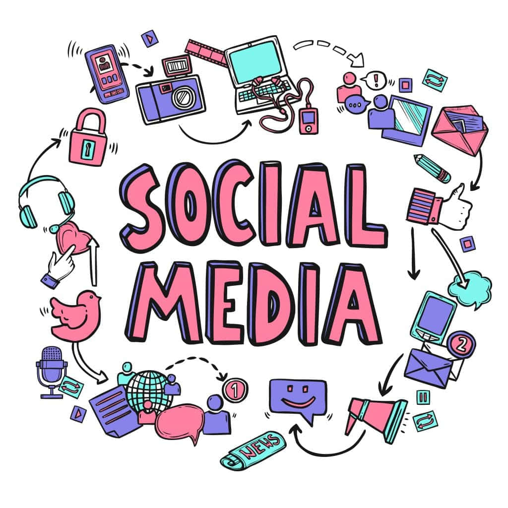 筆電 桌布 壁紙 — 大膽的粉紅色「SOCIAL MEDIA」文字，周圍環繞著色彩繽紛的塗鴉風格裝置和符號圖示，形成圓形流動。