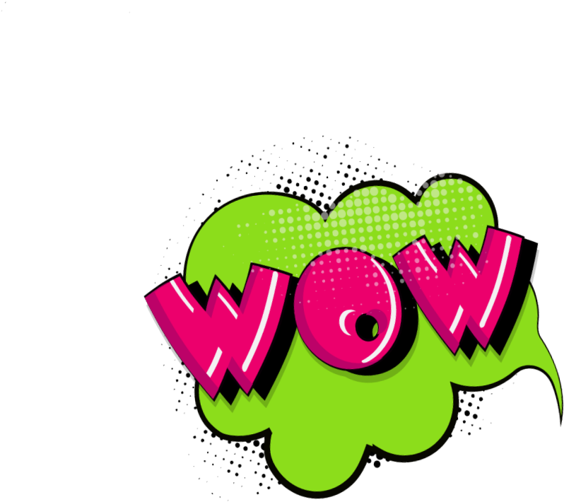 Comics 桌布 壁紙 — 大膽的粉紅色 'WOW' 文字從萊姆綠色漫畫風格對話氣泡中迸出，背景為黑色。