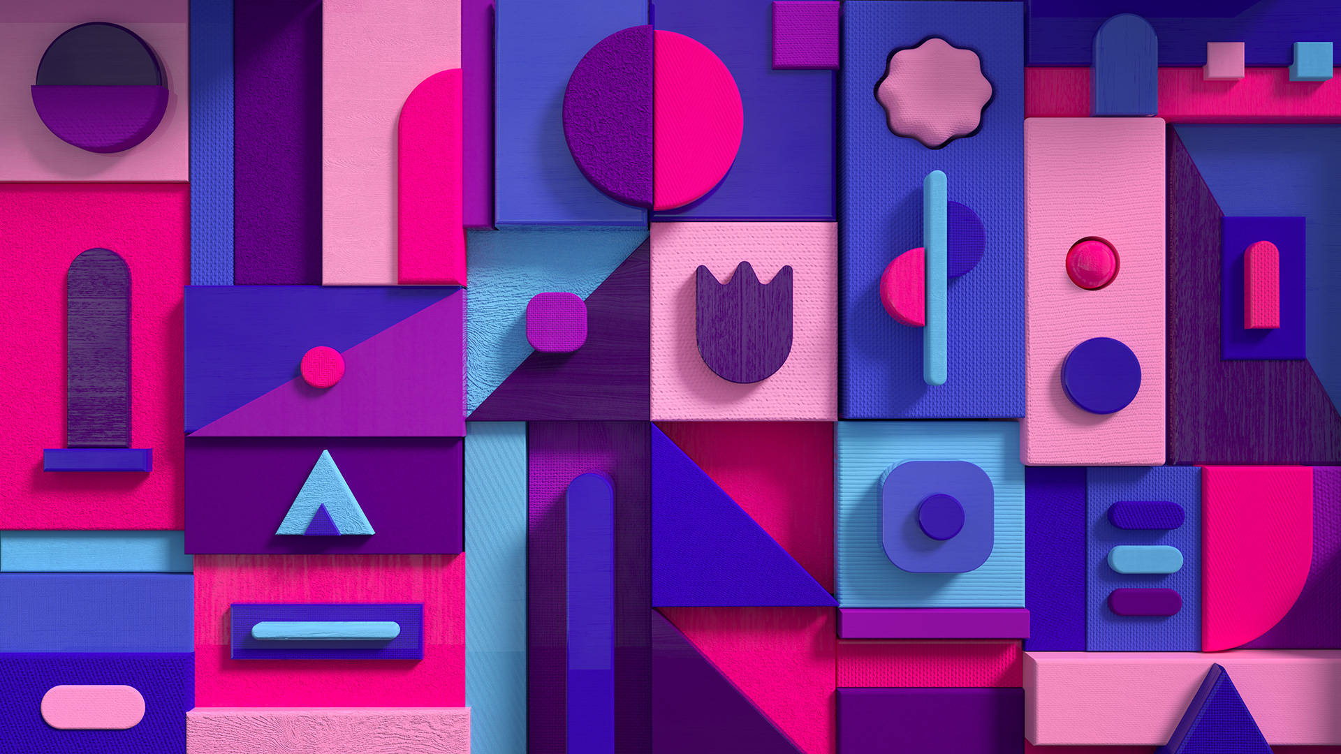 Microsoft Teams 桌布 壁紙 — 大膽的粉紅色、紫色和藍色色調的鮮豔幾何形狀，形成具有紋理表面和柔和陰影的動態 3D 抽象構圖。