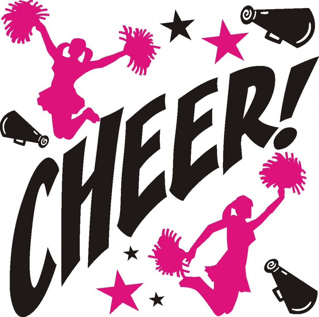 Cheerleader 桌布 壁紙 — 大膽的粉紅色啦啦隊剪影，手持彩球和擴音器，圍繞著以黑色風格字體書寫的CHEER字樣。