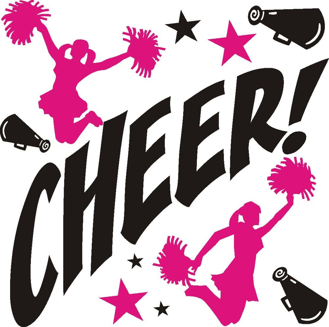 Cheer 桌布 壁紙 — 大膽的粉紅色啦啦隊剪影圍繞著「CHEER」這個詞跳躍，帶有彩球、擴音器和星星，背景為白色。