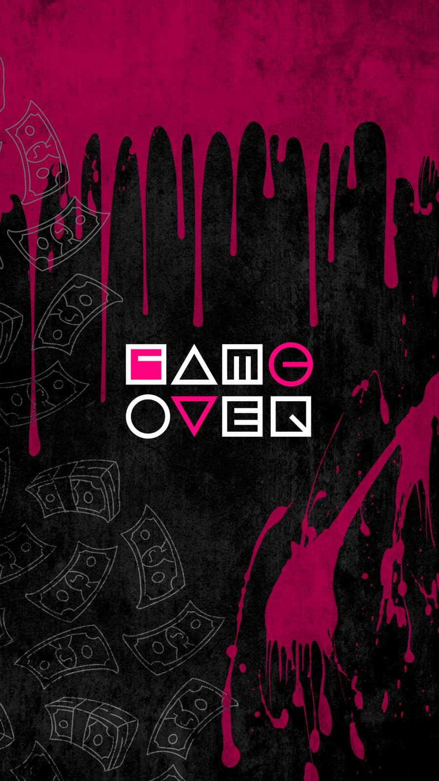Squid Game 桌布 壁紙 — 大膽的粉紅色油漆滴在黑色背景上層疊，帶有幾何 'GAME OVER' 文字和模糊的金錢輪廓。