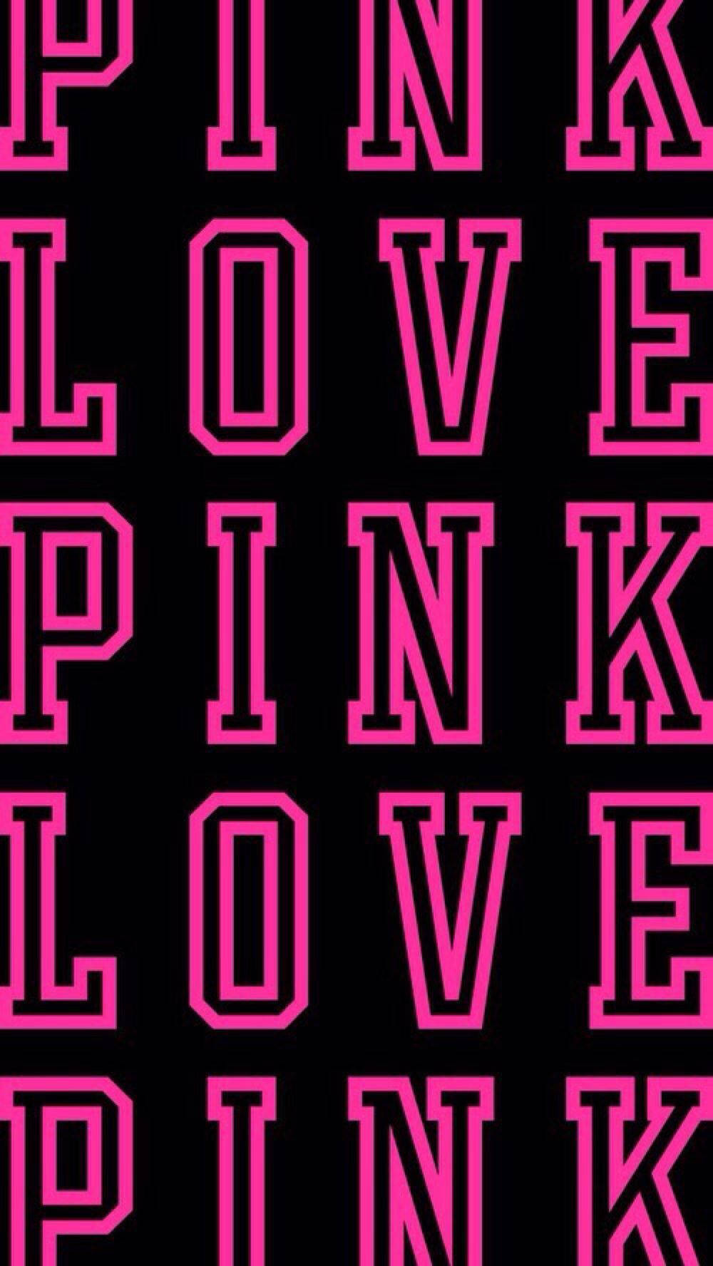 victoria 桌布 壁紙 — 大膽的粉紅色粗體字母拼出 PINK 和 LOVE，在純黑色背景上重複排列成網格。