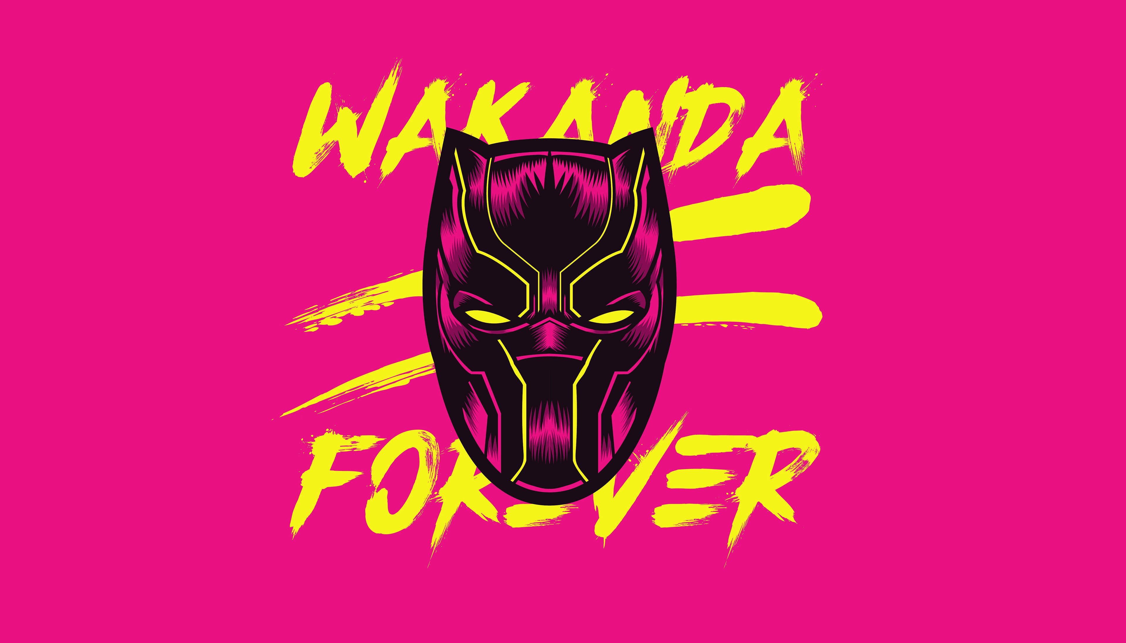 Wakanda 桌布 壁紙 — 大膽的粉紅色背景上有一個黑色黑豹面具，帶有發光的黃色眼睛，以及用鮮豔的黃色筆觸文字寫成的「WAKANDA FOREVER」。