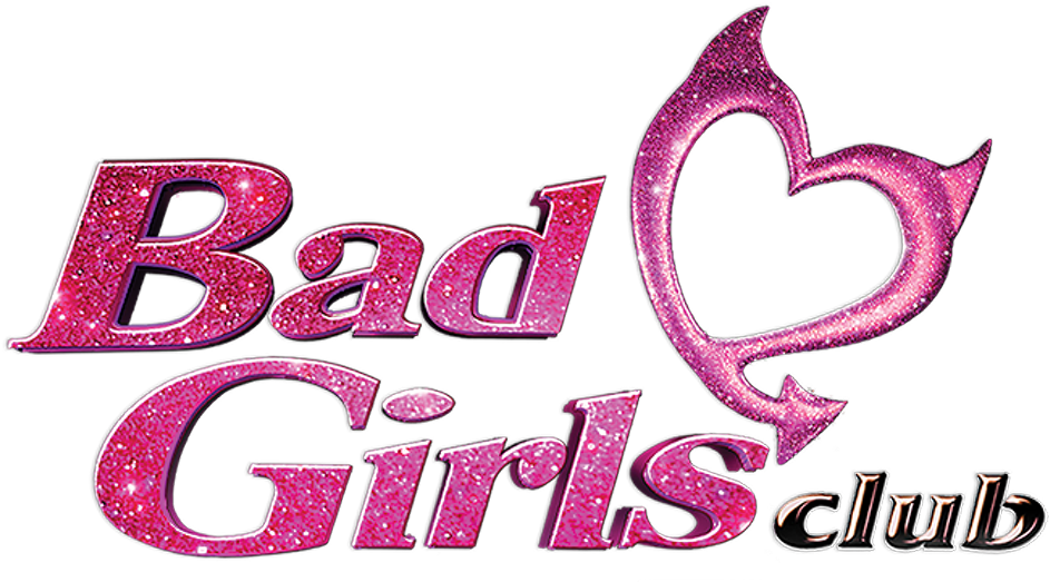 bad 桌布 壁紙 — 大膽的粉紅色閃粉文字寫著「Bad Girls club」，帶有惡魔心形標誌，背景為黑色。