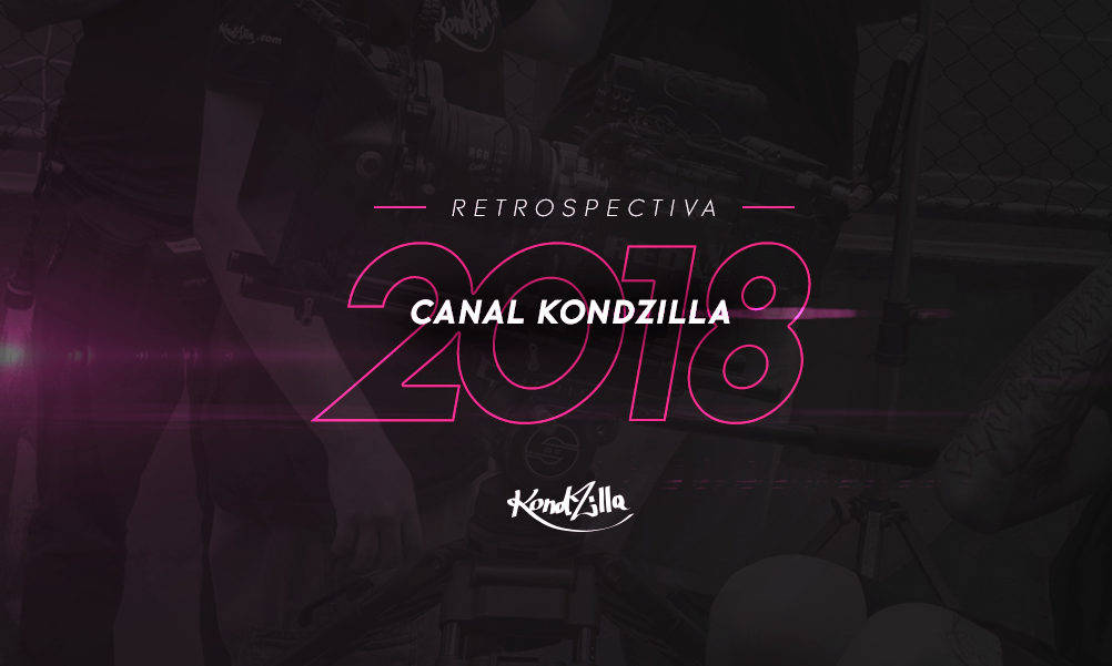 2018 桌布 壁紙 — 大膽的粉紅色霓虹文字寫著「Retrospectiva 2018 Canal Kondzilla」，覆蓋在一個黑暗模糊的滑板人物圖像上。