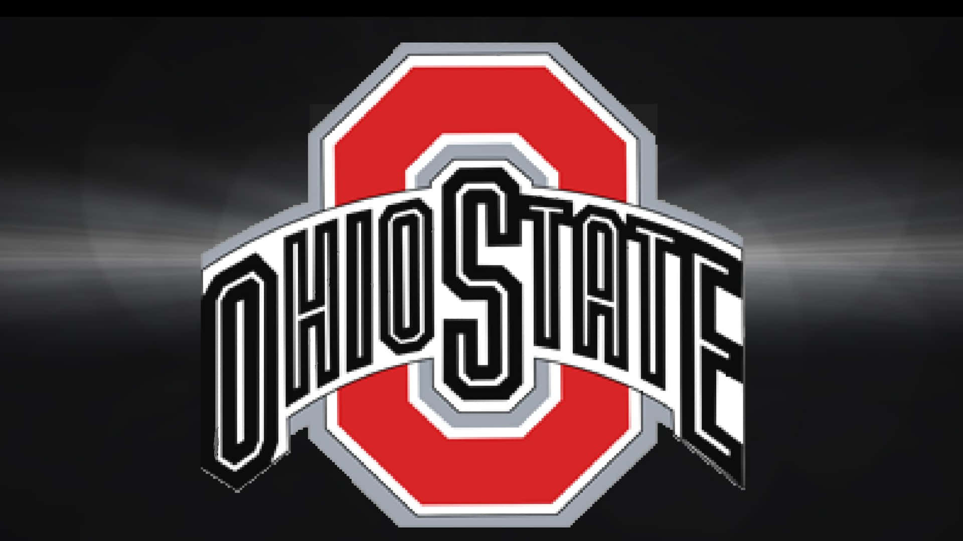 Ohio State Logo 桌布 壁紙 — 大膽的紅、白、黑色俄亥俄州立大學標誌，在深色背景上帶有發光的光線。