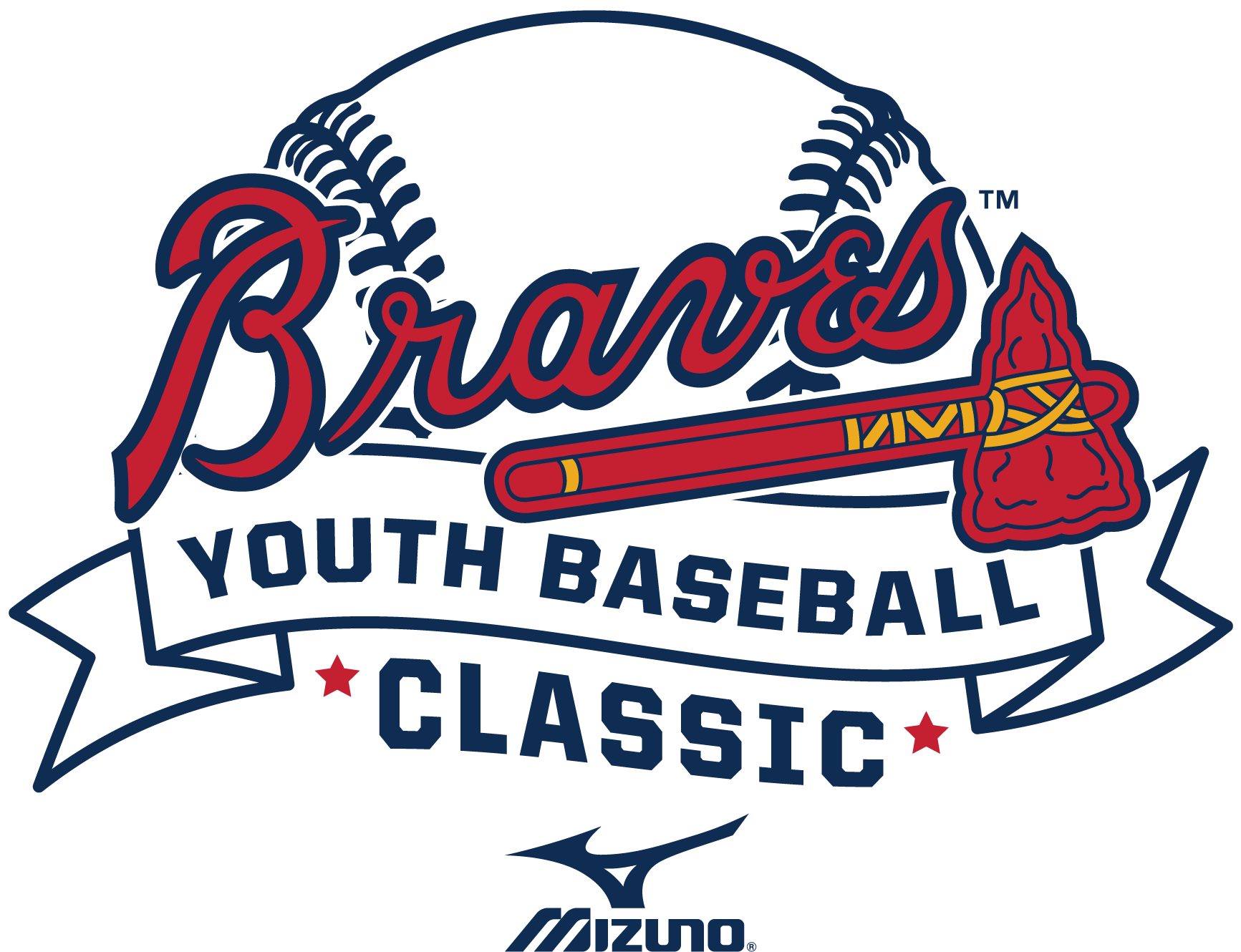 亞特蘭大勇士 桌布 壁紙 — 大膽的紅、藍、白 Braves Youth Baseball Classic 標誌，以棒球棒、戰斧和縫線球為特色。