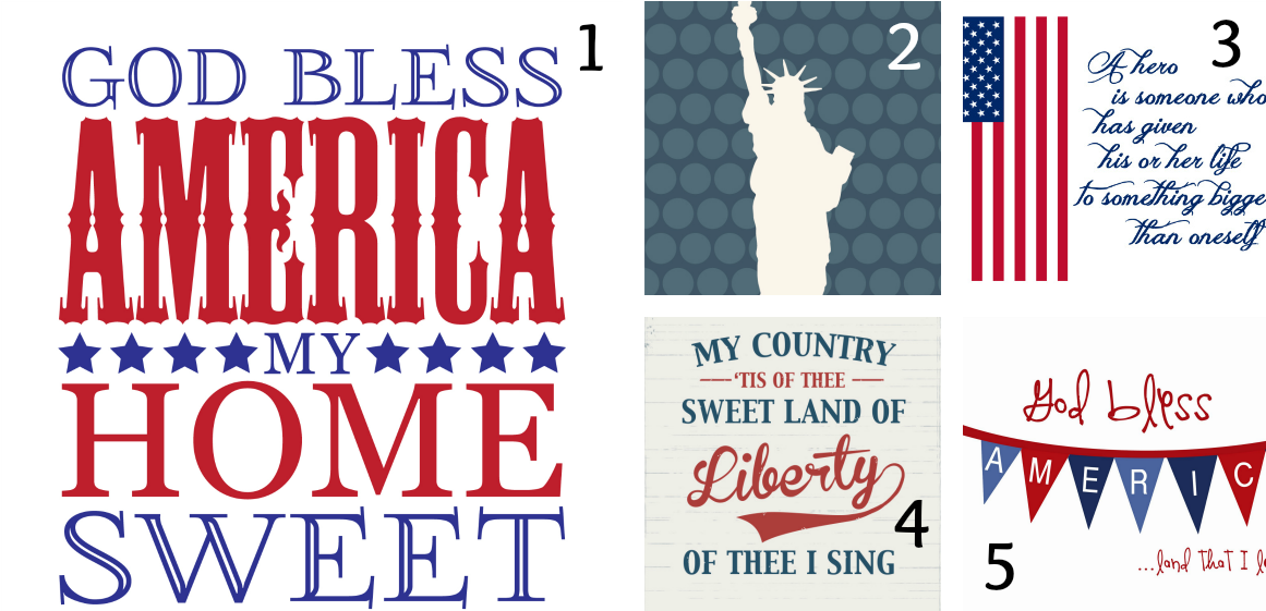 美國獨立紀念日 桌布 壁紙 — 大膽的紅、藍、白愛國文字圖形，包含 God Bless America 和 My Country Tis of Thee 等短語，並帶有星星和旗幟圖案。