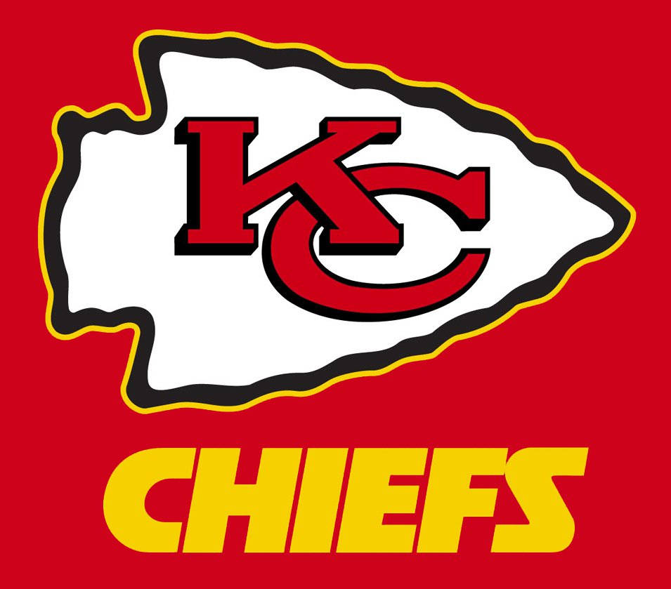 Kansas City Chiefs Logo 桌布 壁紙 — 大膽的紅、黃、白堪薩斯城酋長標誌，箭頭形狀和球隊名稱在純紅色背景上。