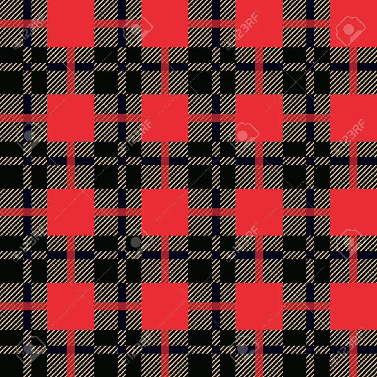 Buffalo Plaid 桌布 壁紙 — 大膽的紅、黑、奶油色格子圖案，帶有對角線條，形成重複的幾何紡織設計。