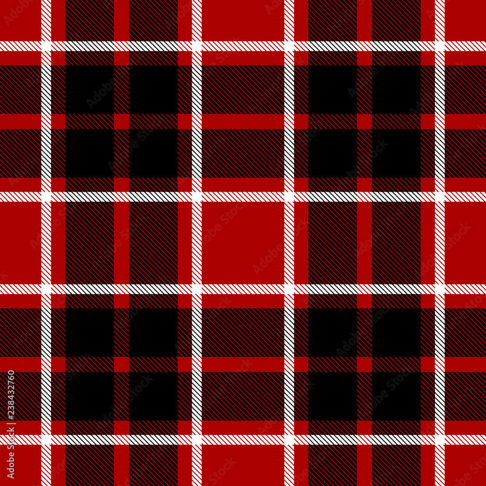 Black And Red Plaid 桌布 壁紙 — 大膽的紅、黑、白格子圖案，帶有對角線條，形成經典的蘇格蘭格紋設計。