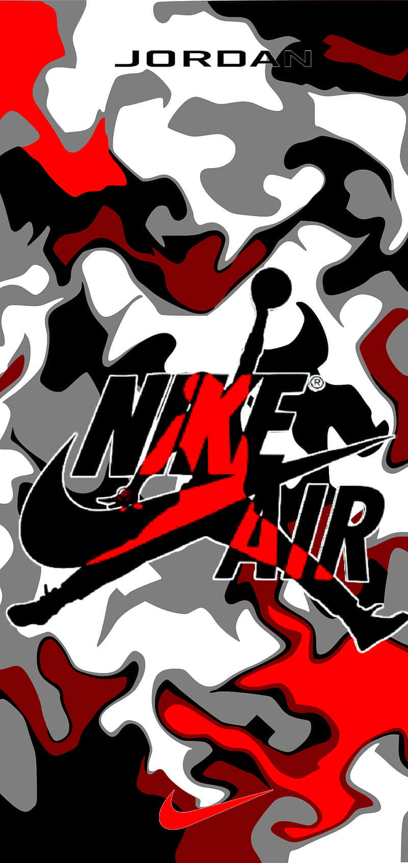 標誌 桌布 壁紙 — 大膽的紅、黑、白迷彩圖案， featuring Nike Air Jordan 標誌和剪影。