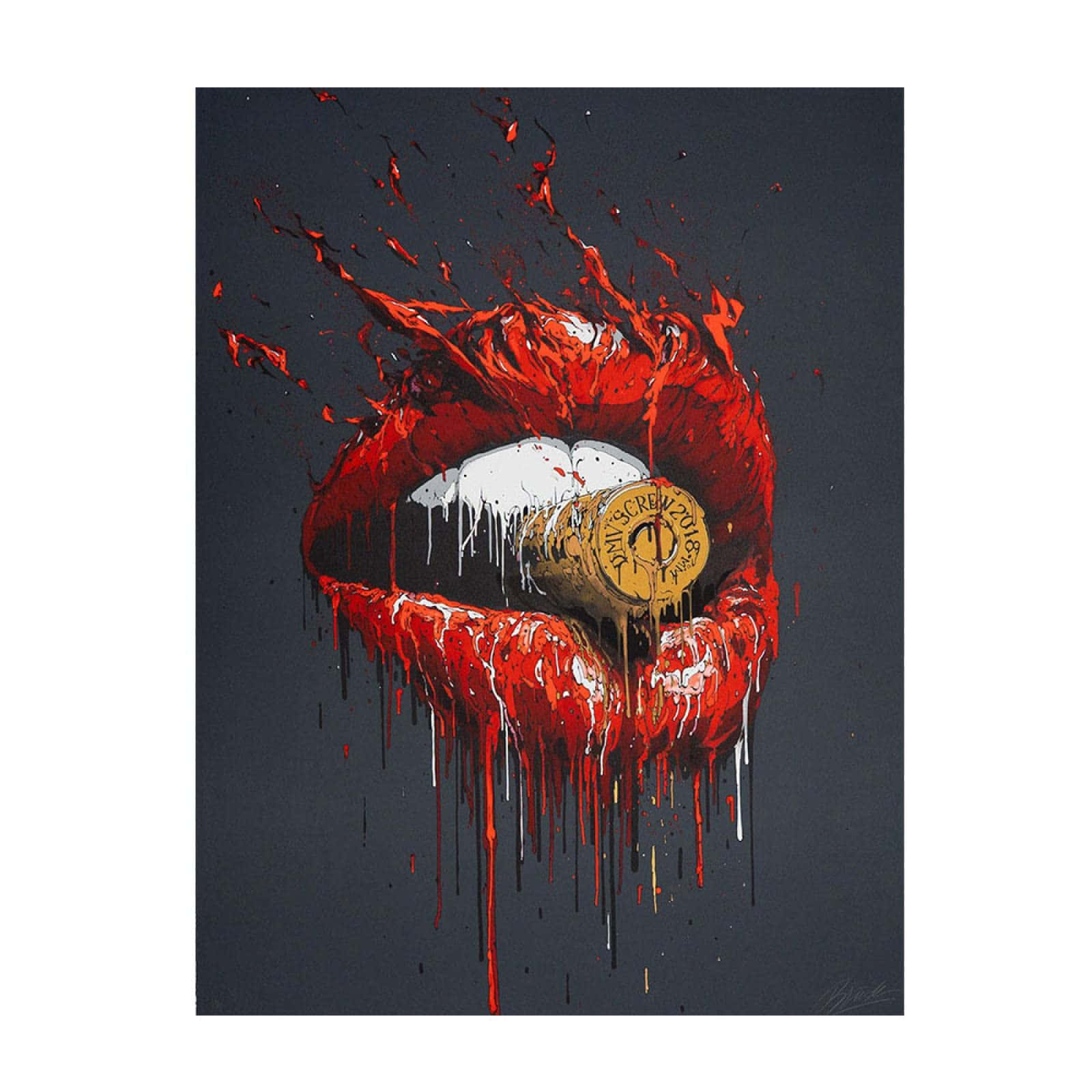 Drip 桌布 壁紙 — 大膽的紅唇咬住香檳軟木塞，紅色和白色油漆在深灰色背景上飛濺和滴落。