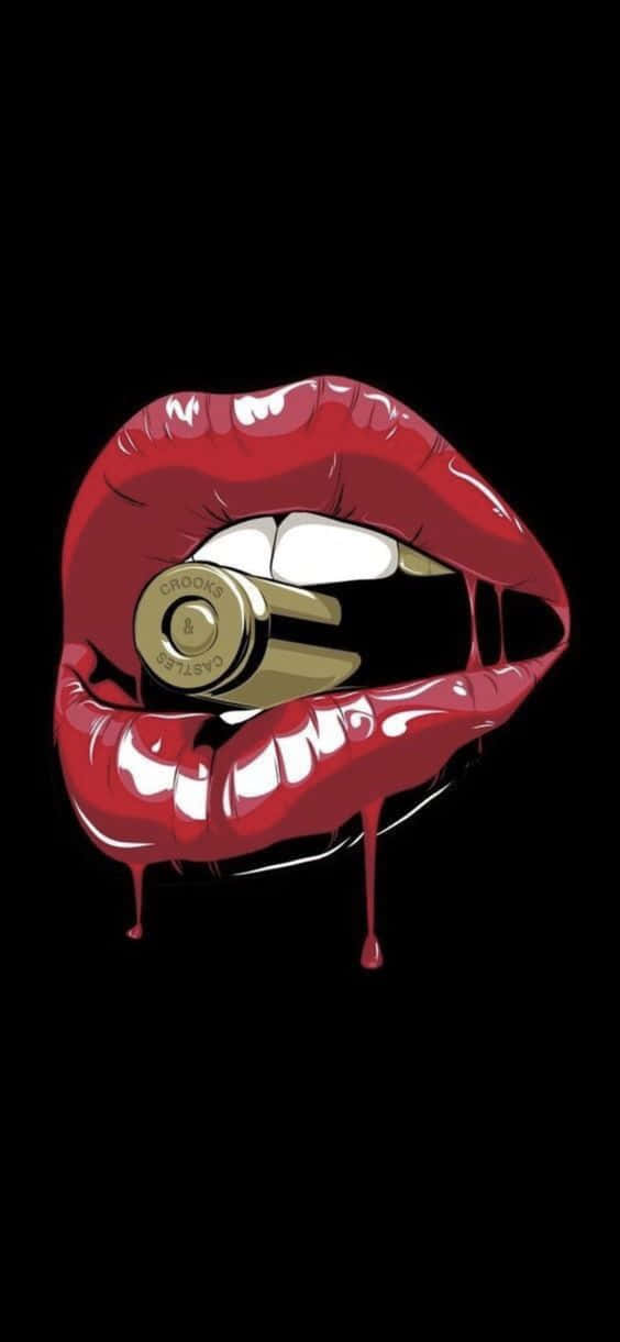 lips 桌布 壁紙 — 大膽的紅唇帶有光澤效果，咬住金色子彈，背景為 stark 黑色，帶有滴落的紅色點綴。