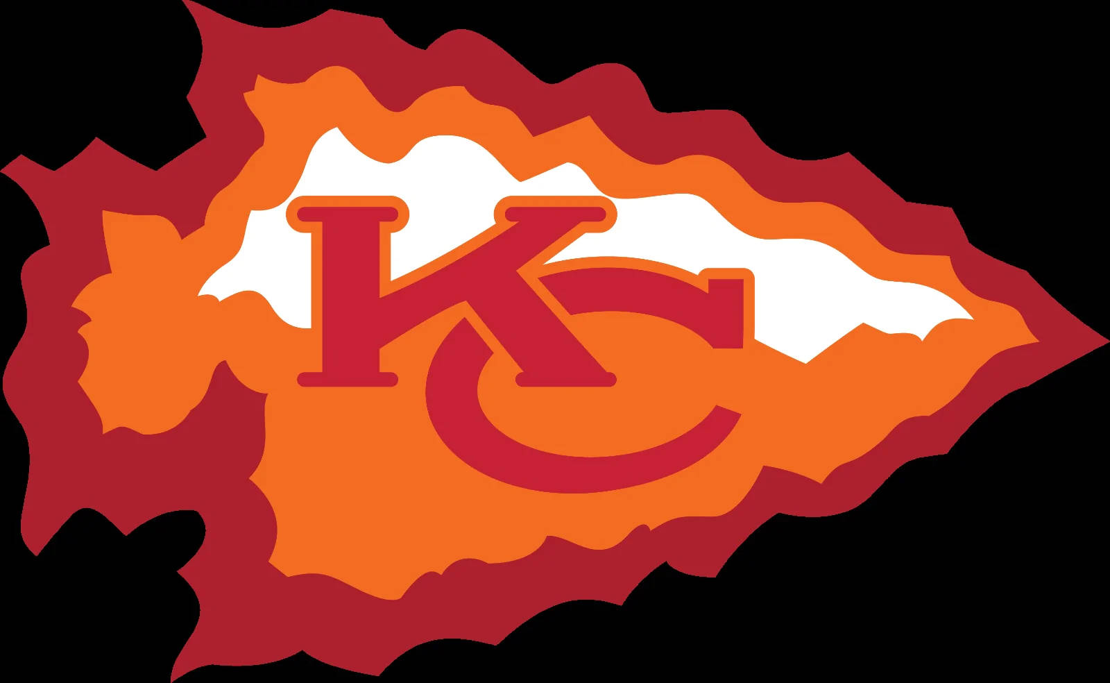 Kansas City Chiefs Logo 桌布 壁紙 — 大膽的紅橙色堪薩斯城酋長隊標誌，黑色背景上有白色雲朵。