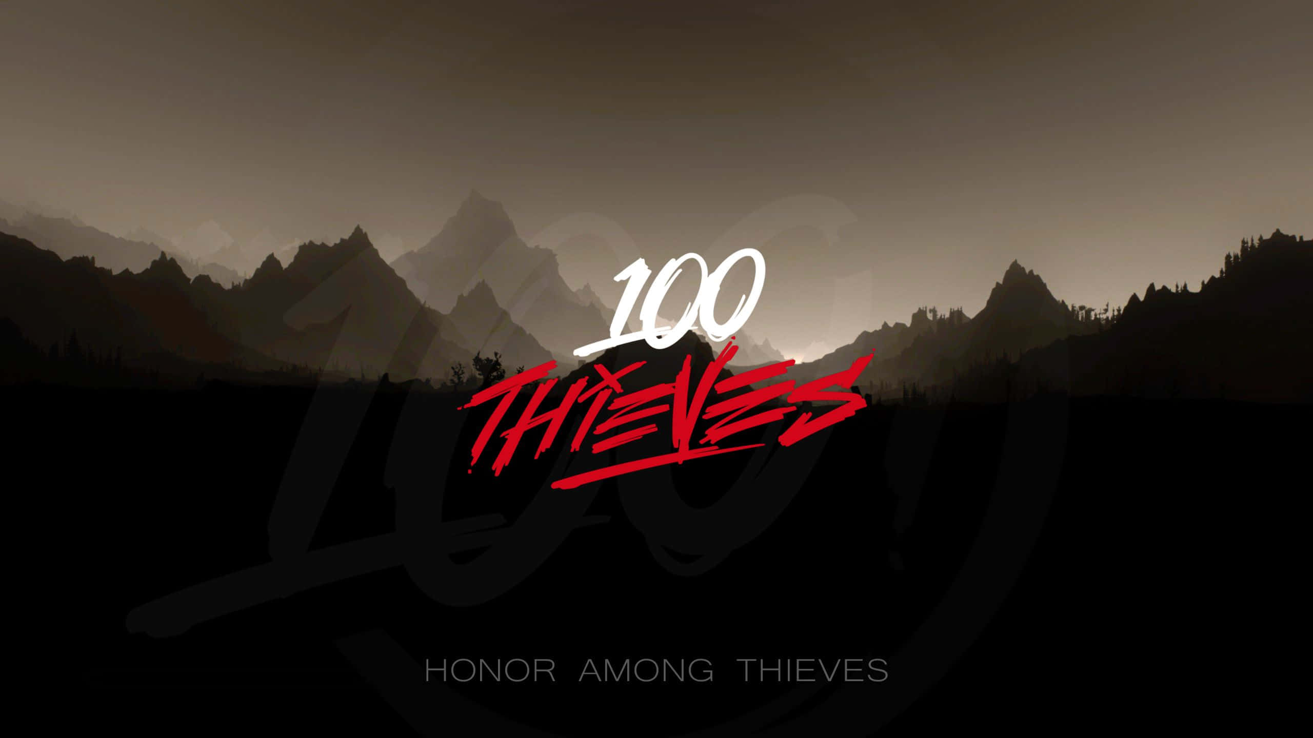 100 Thieves 桌布 壁紙 — 大膽的紅白「100 THIEVES」標誌疊加在黃昏時分的黑暗山脈剪影上。