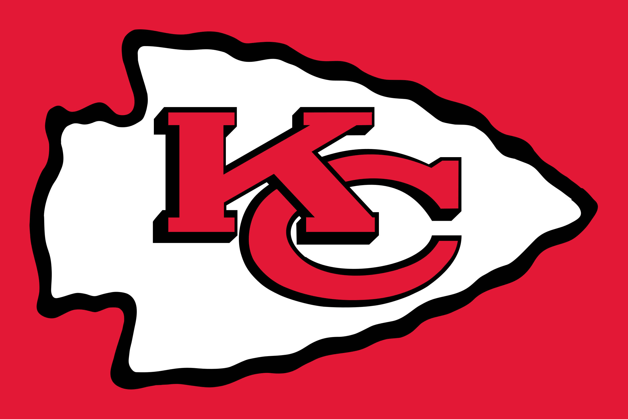 Kansas City Chiefs Logo 桌布 壁紙 — 大膽的紅白 Kansas City Chiefs 標誌，帶黑色輪廓，置於純紅色背景上。