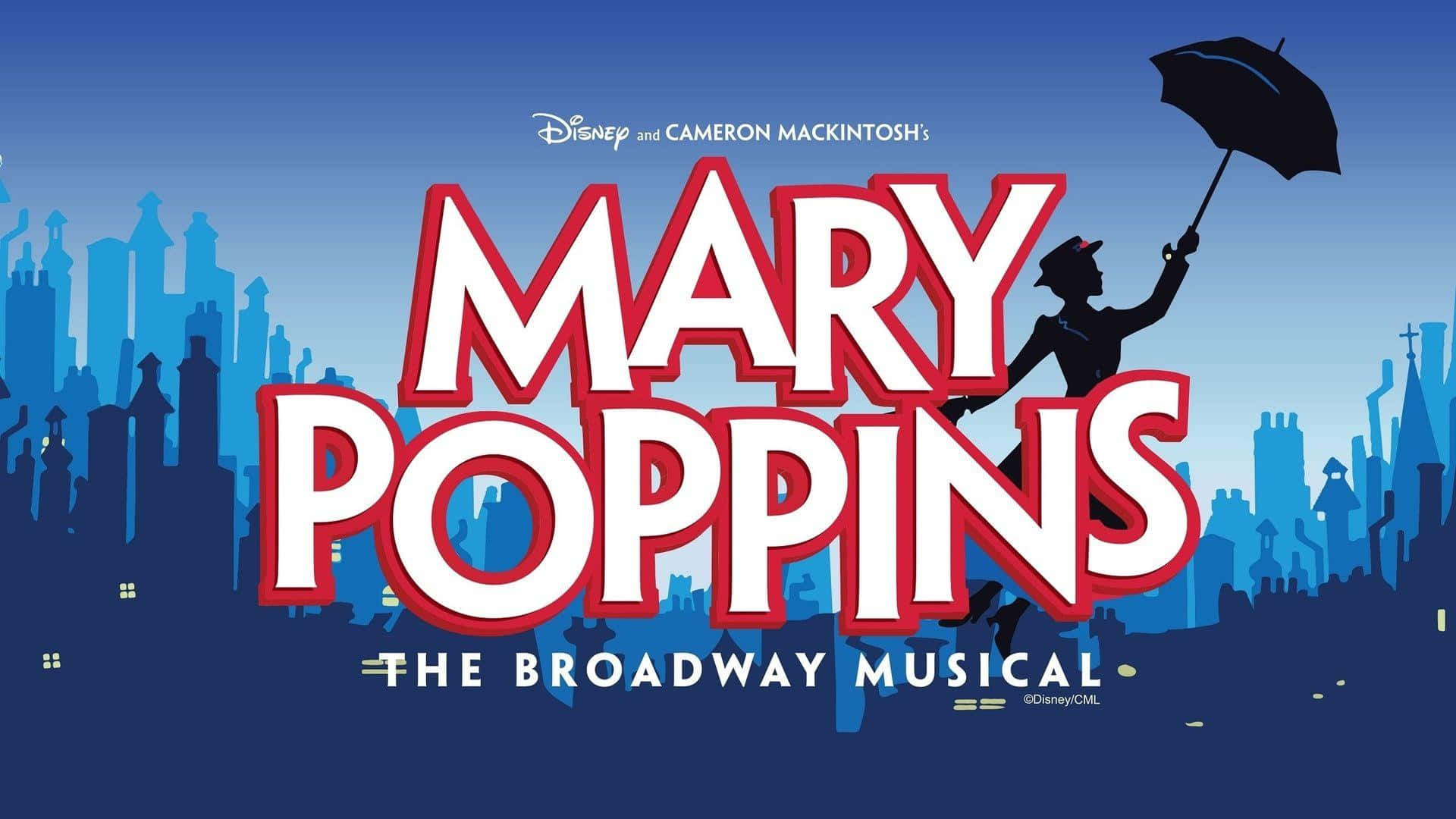 mary poppins 桌布 壁紙 — 大膽的紅白『Mary Poppins』標題，搭配撐傘女子剪影，背景為藍色城市天際線。