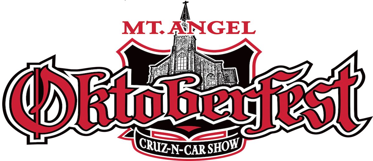 慕尼黑啤酒節 桌布 壁紙 — 大膽的紅白 Oktoberfest 標誌，帶有教堂剪影和 Cruz-N-Car Show 文字，背景為黑色。