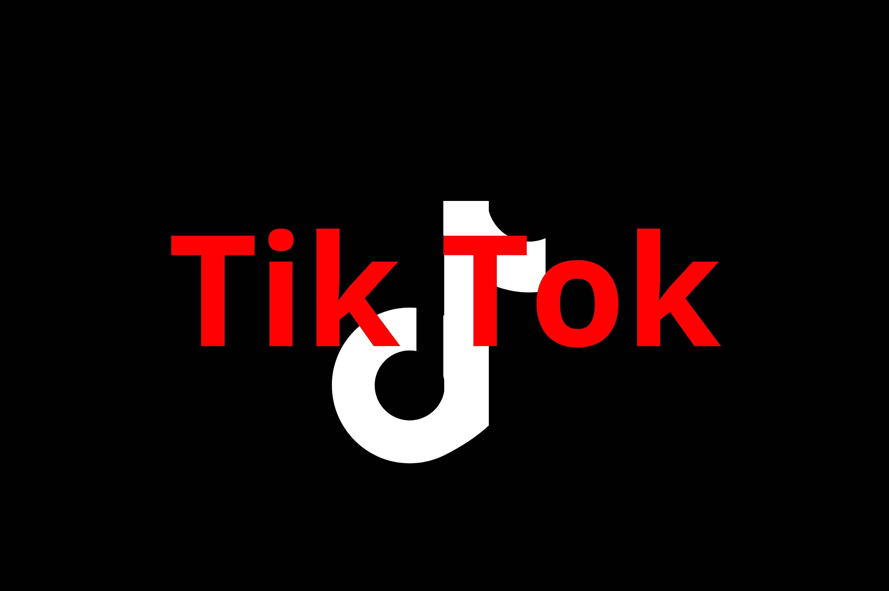 TikTok 動圖 桌布 壁紙 — 大膽的紅白 TikTok 標誌居中於純黑色背景上。