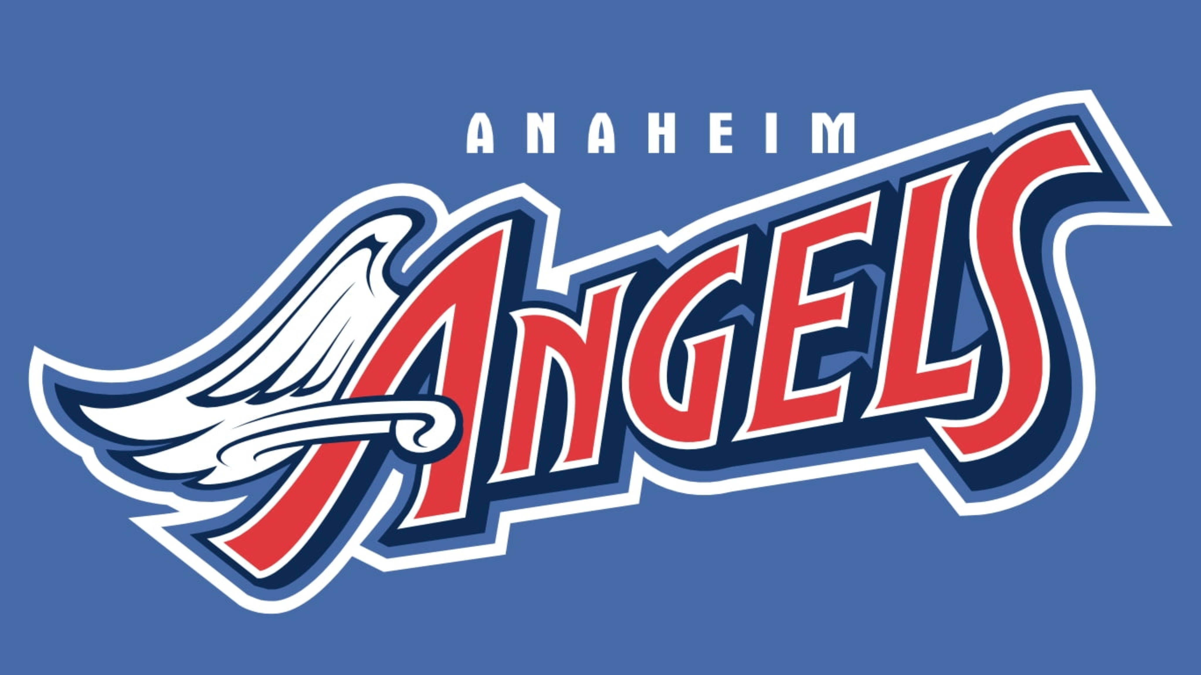 MLB 桌布 壁紙 — 大膽的紅白Anaheim Angels標誌，帶有翼狀'A'，在純藍色背景上。