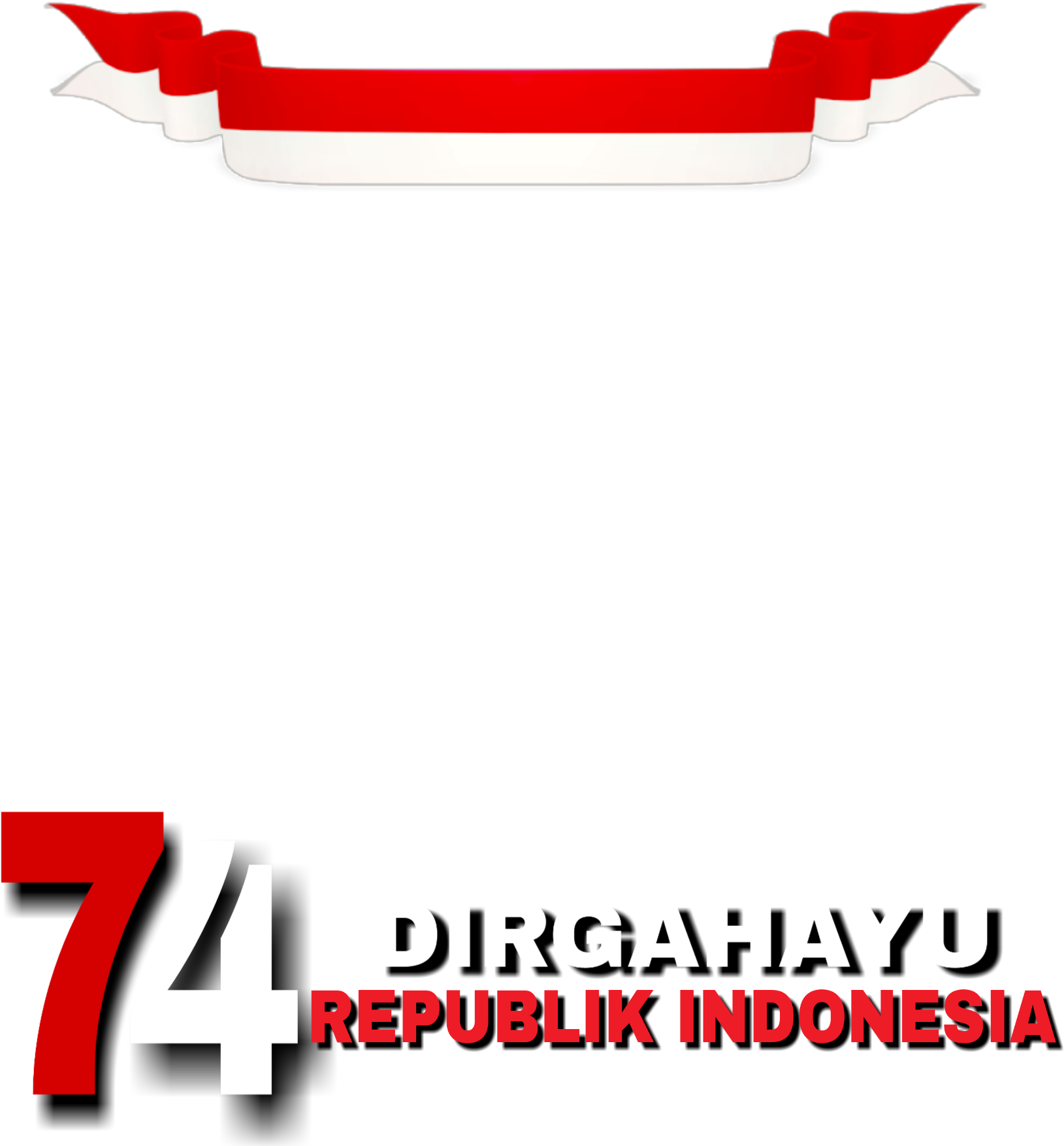 印尼 桌布 壁紙 — 大膽的紅白印尼絲帶橫幅，黑色背景上帶有「74 DIRGAHAYU REPUBLIK INDONESIA」文字。