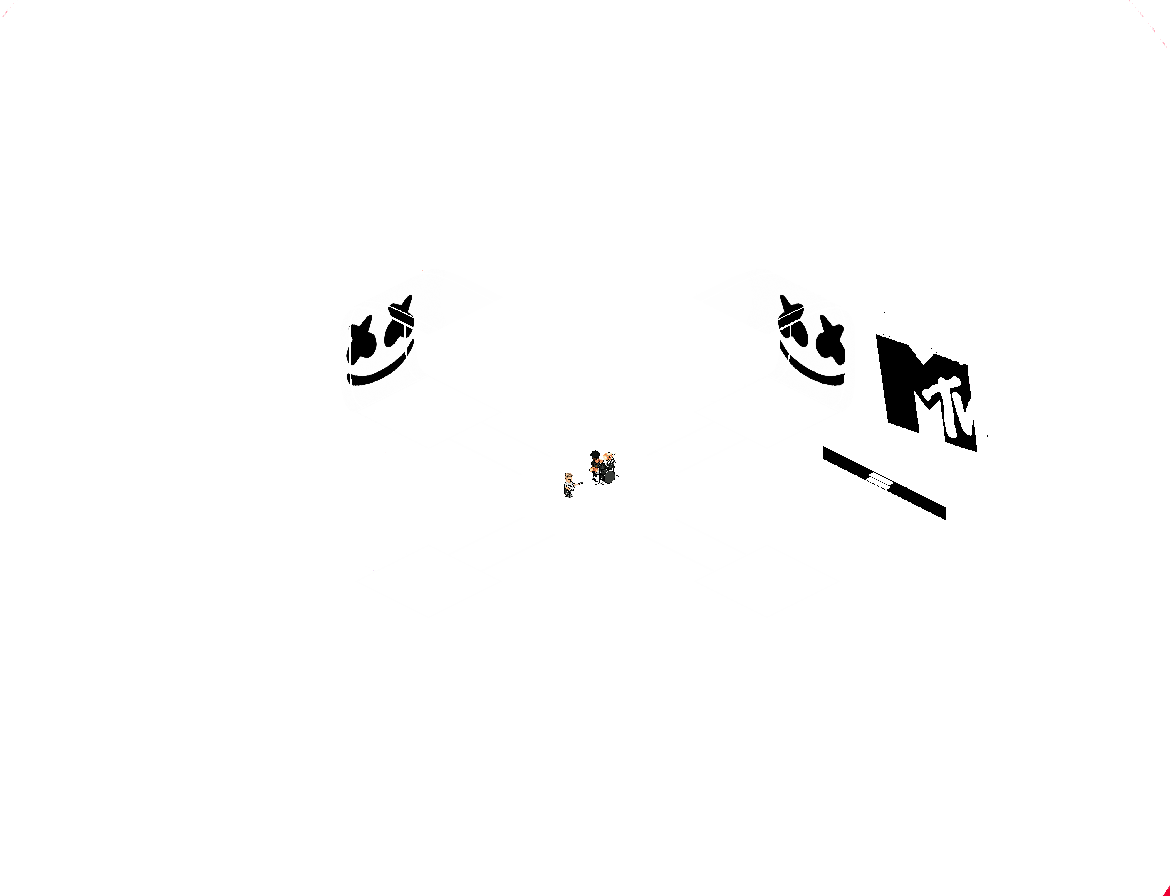 Marshmello 動態圖 桌布 壁紙 — 大膽的紅白圖形插圖，包含兩個微笑的面具人物和 MTV 標誌，採用風格化的幾何佈局。