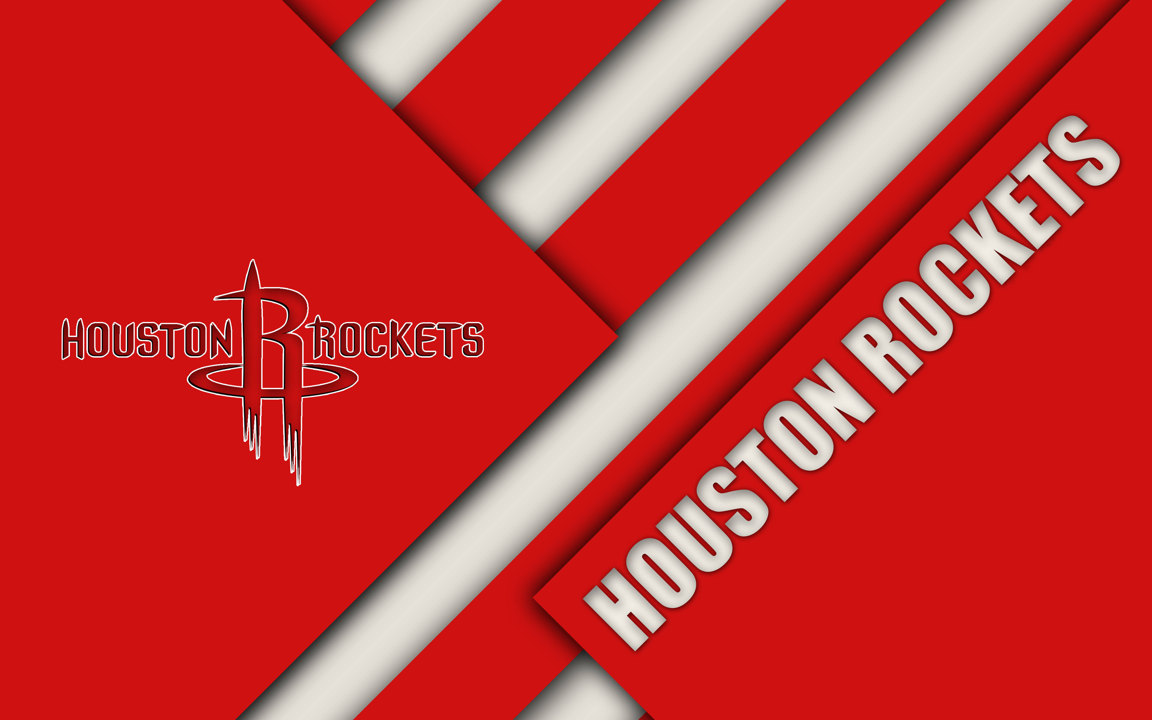 Houston Rockets 桌布 壁紙 — 大膽的紅白幾何圖案壁紙，以動態斜紋呈現休士頓火箭隊標誌和隊名。