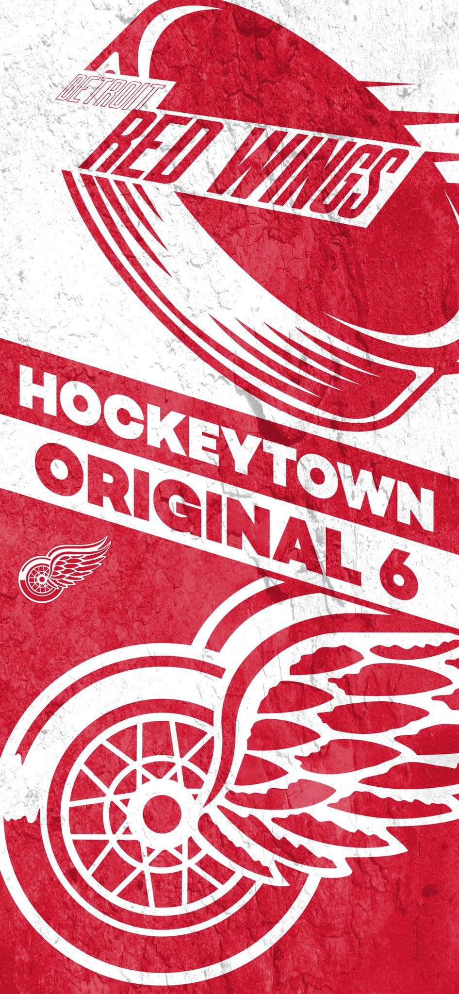 detroit 桌布 壁紙 — 大膽的紅白底特律紅翼曲棍球標誌，帶有 'Hockeytown Original 6' 文字，背景有紋理。