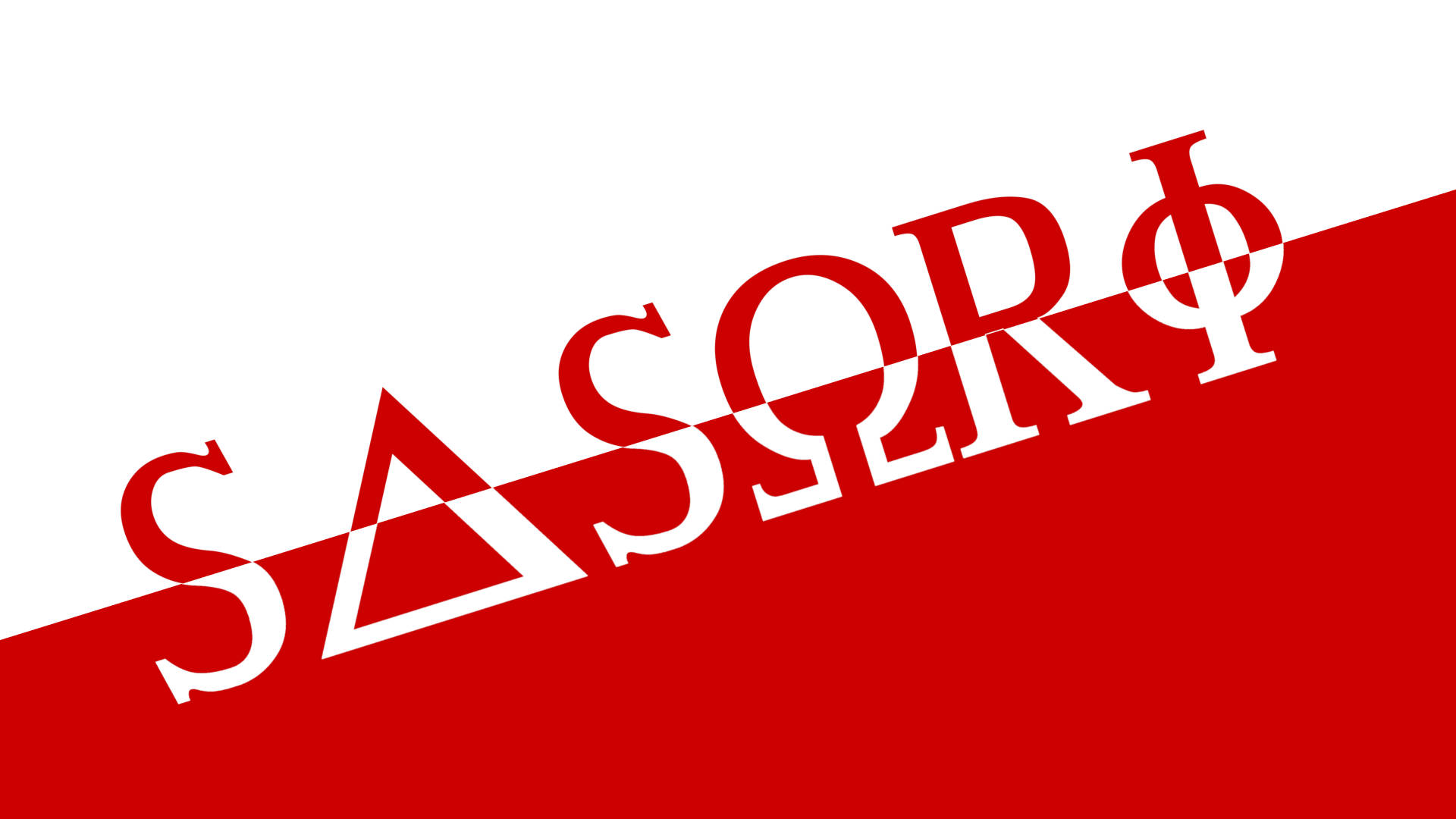 Sasori 桌布 壁紙 — 大膽的紅白斜向分割，中央帶有風格化字體的希臘字母 Sigma Delta Omega Rho Phi。