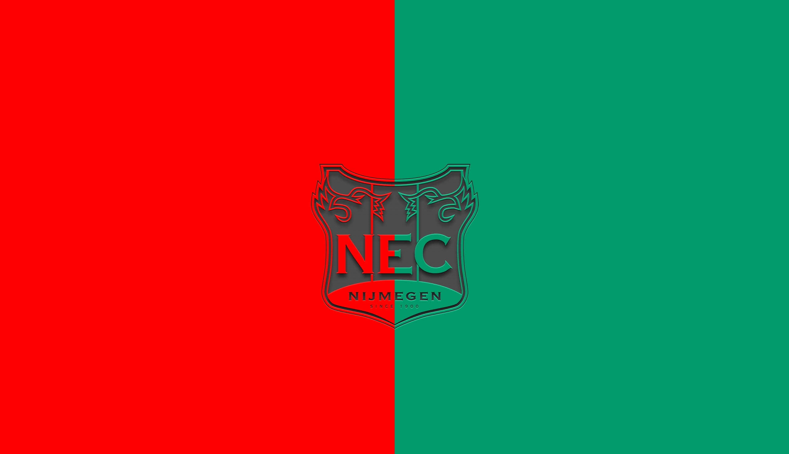 Eredivisie 桌布 壁紙 — 大膽的紅綠分割背景，NEC奈梅亨足球俱樂部徽章居中突出顯示。