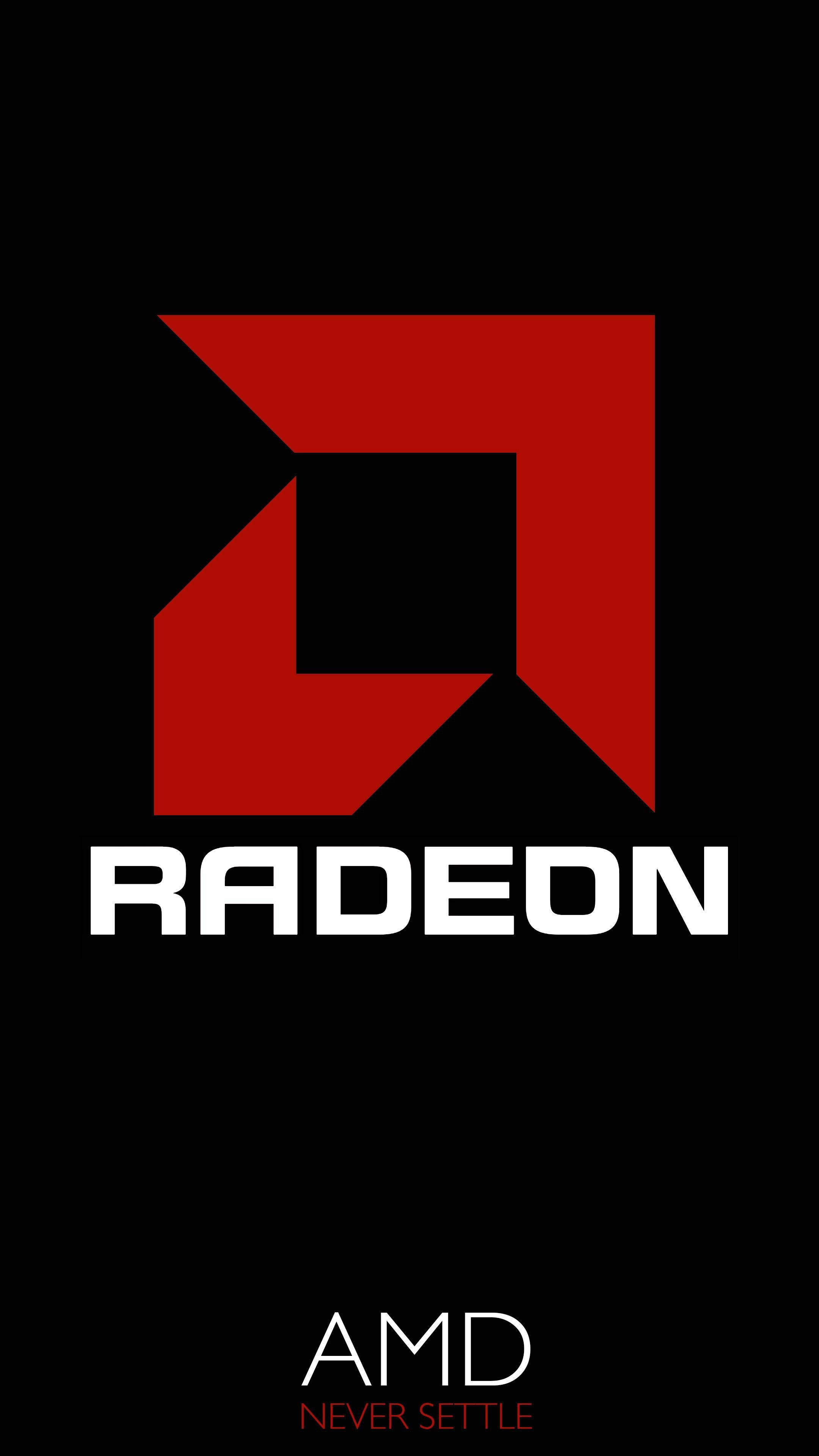 AMD 桌布 壁紙 — 大膽的紅色 AMD Radeon 標誌，黑色背景上帶有白色文字和標語 never settle。